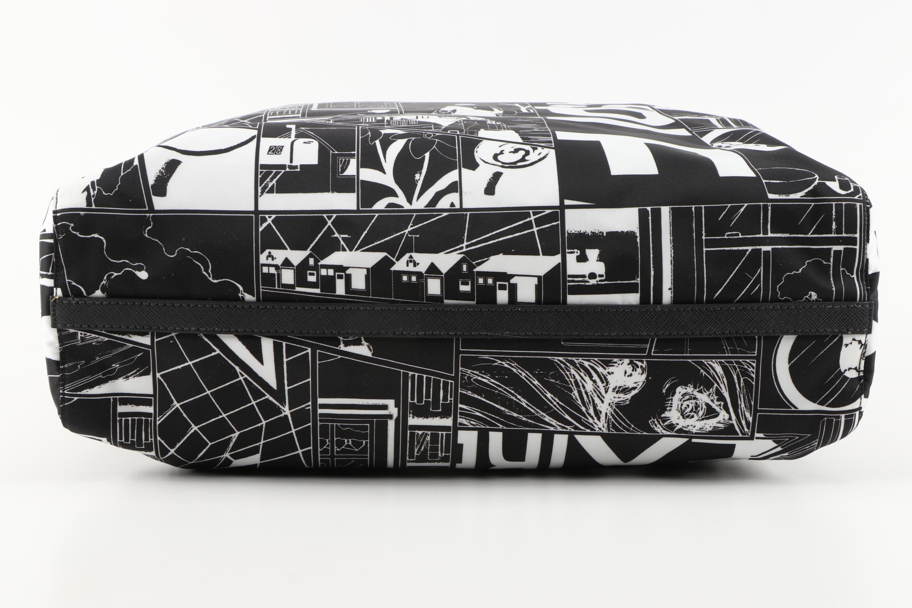 Prada Comic Print Tote Bag in Black and White Tessuto Nylon and Saffiano Leather
