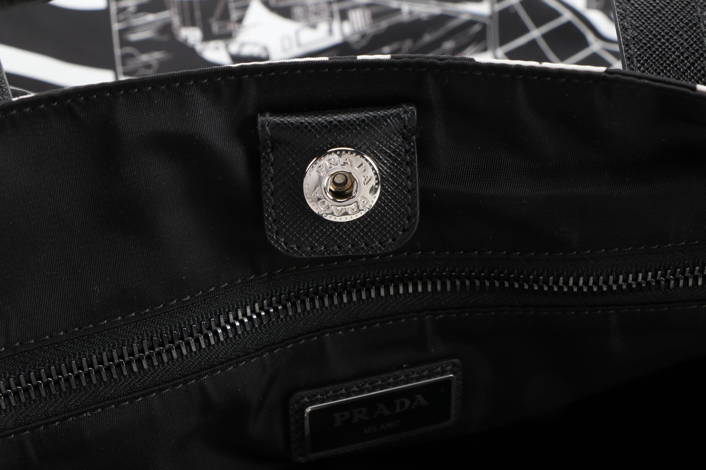 Prada Comic Print Tote Bag in Black and White Tessuto Nylon and Saffiano Leather