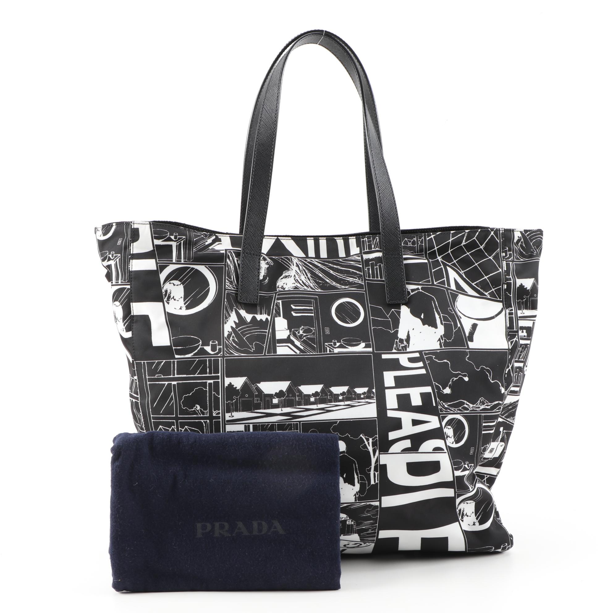 Prada Comic Print Tote Bag in Black and White Tessuto Nylon and Saffiano Leather
