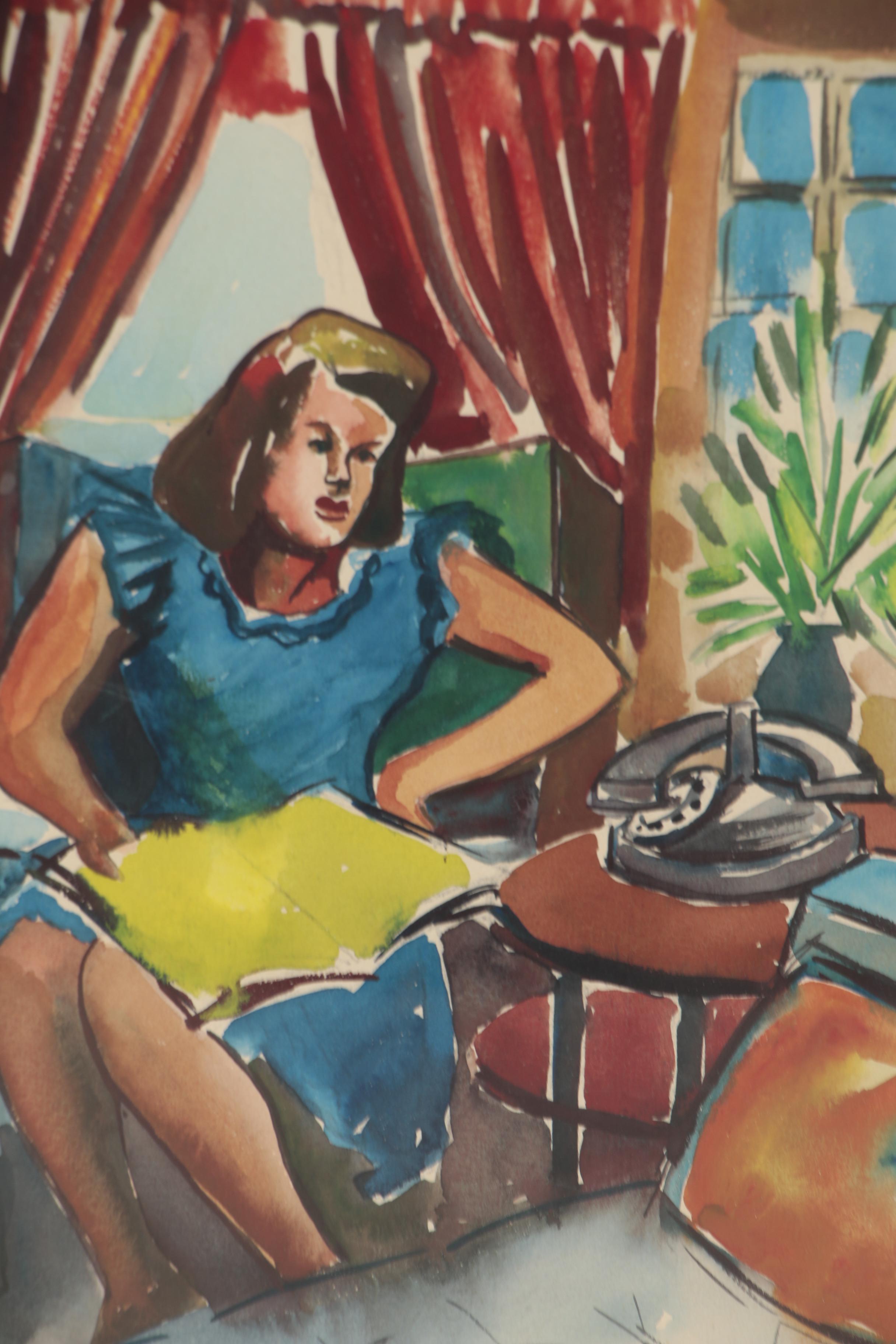 Carlos Cervantes Watercolor Painting of Interior Scene