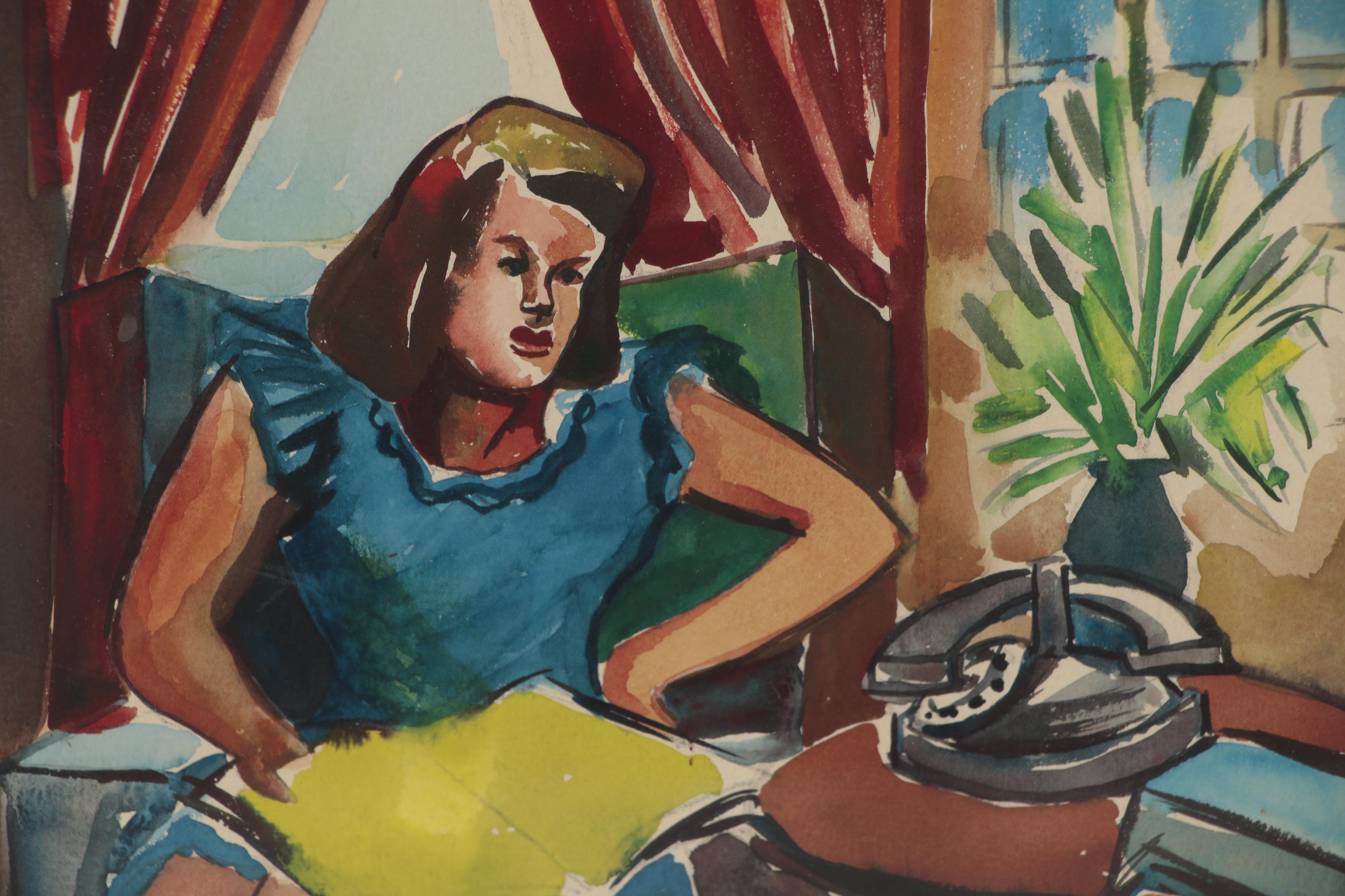 Carlos Cervantes Watercolor Painting of Interior Scene