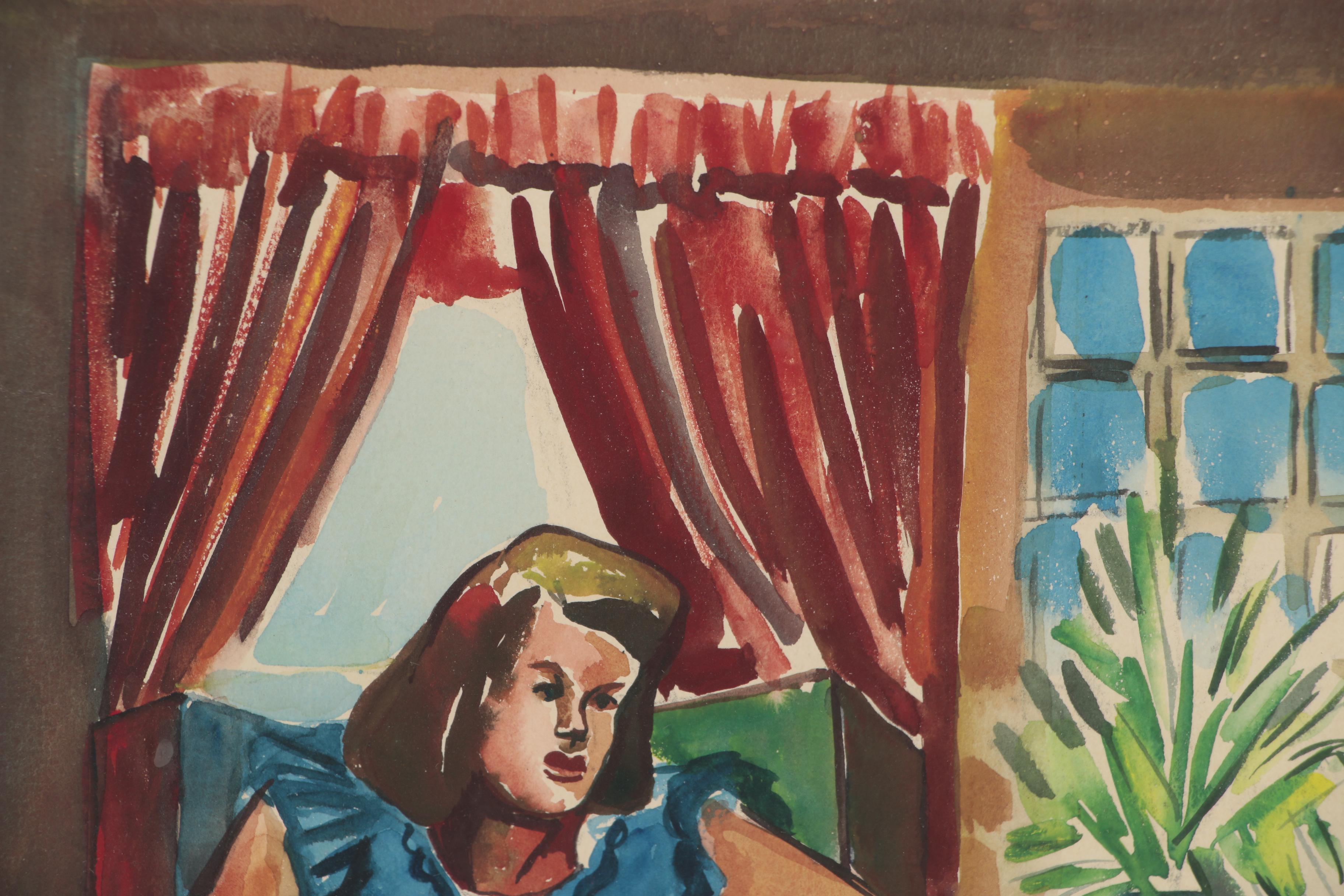 Carlos Cervantes Watercolor Painting of Interior Scene