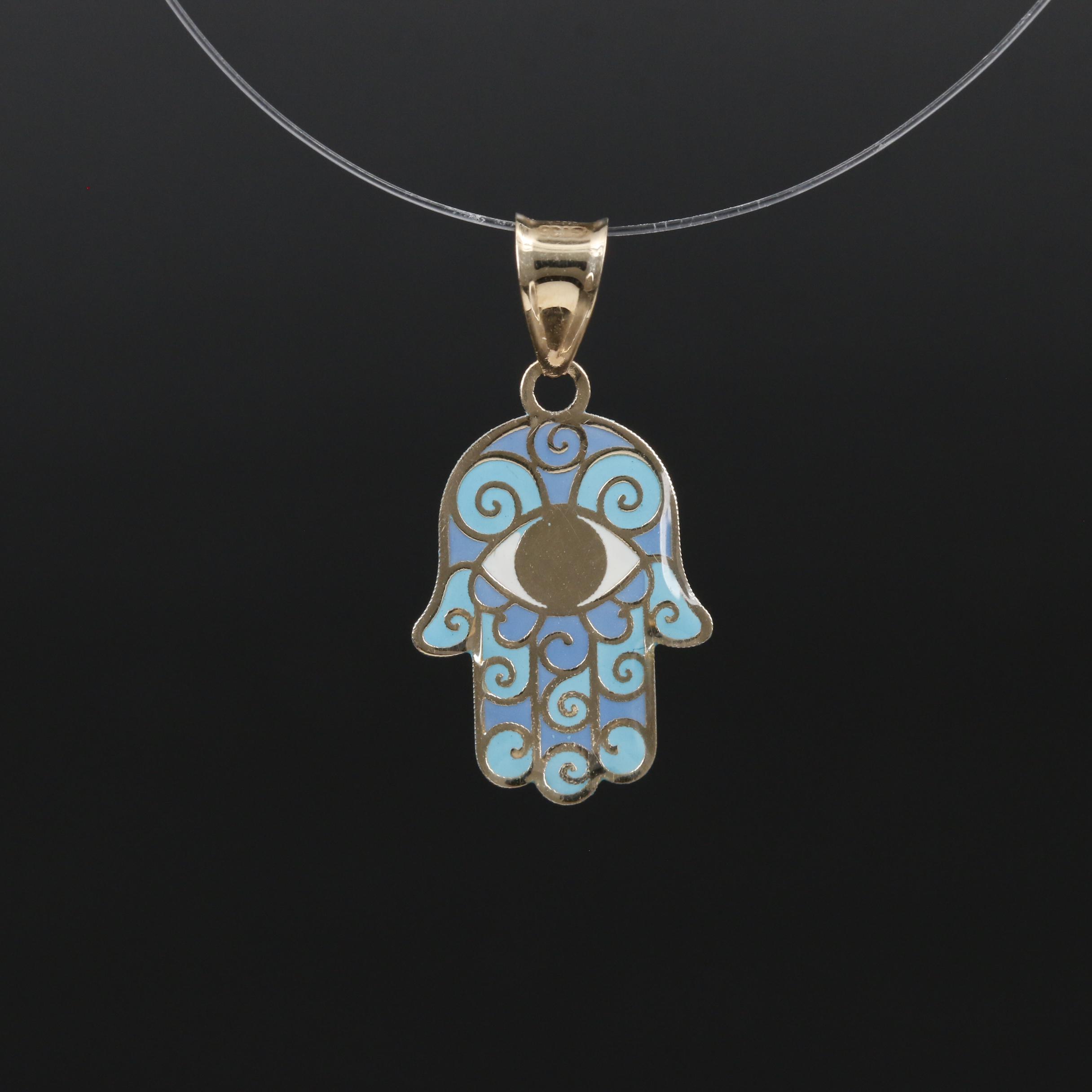 14K Gold Enamel Hamsa Pendant