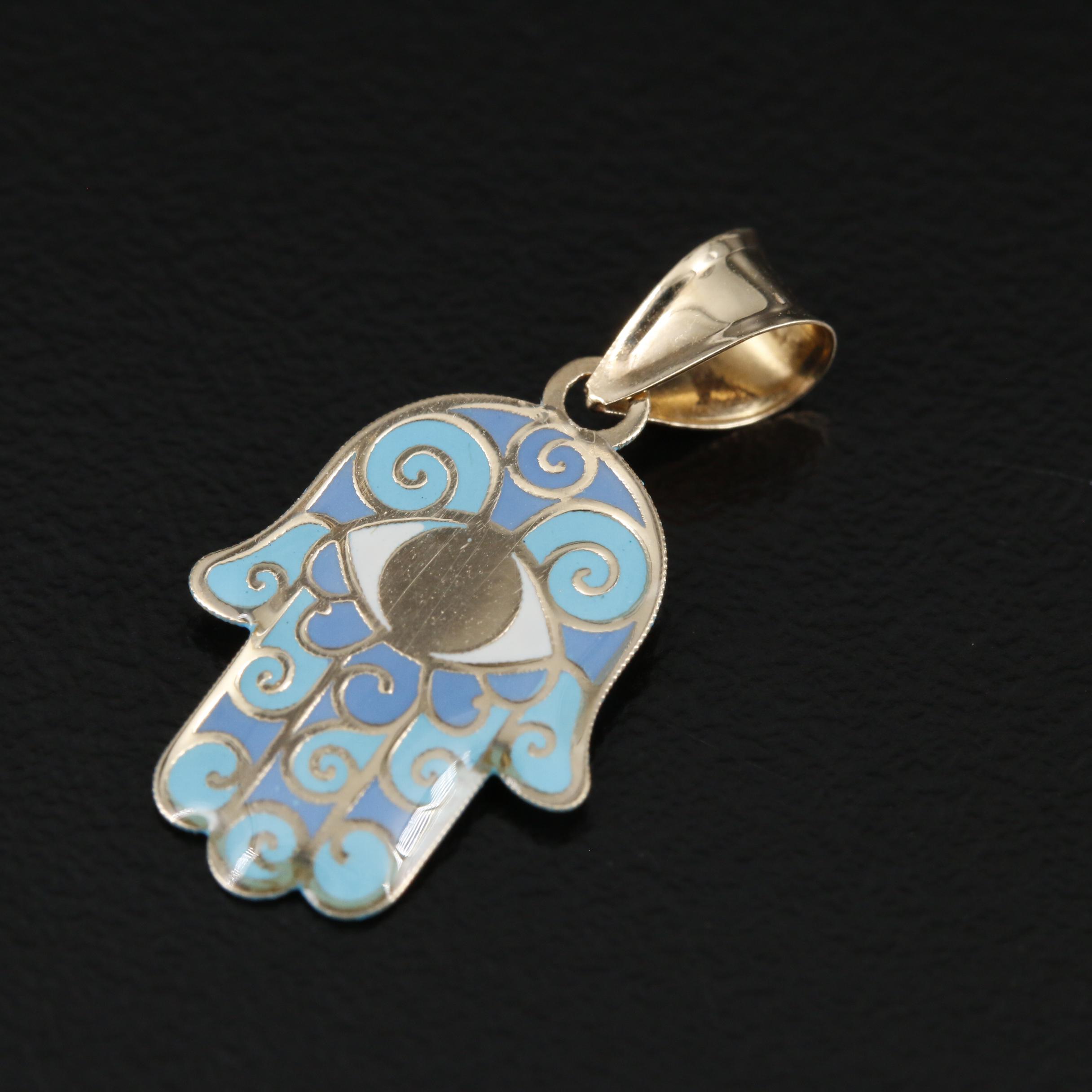 14K Gold Enamel Hamsa Pendant