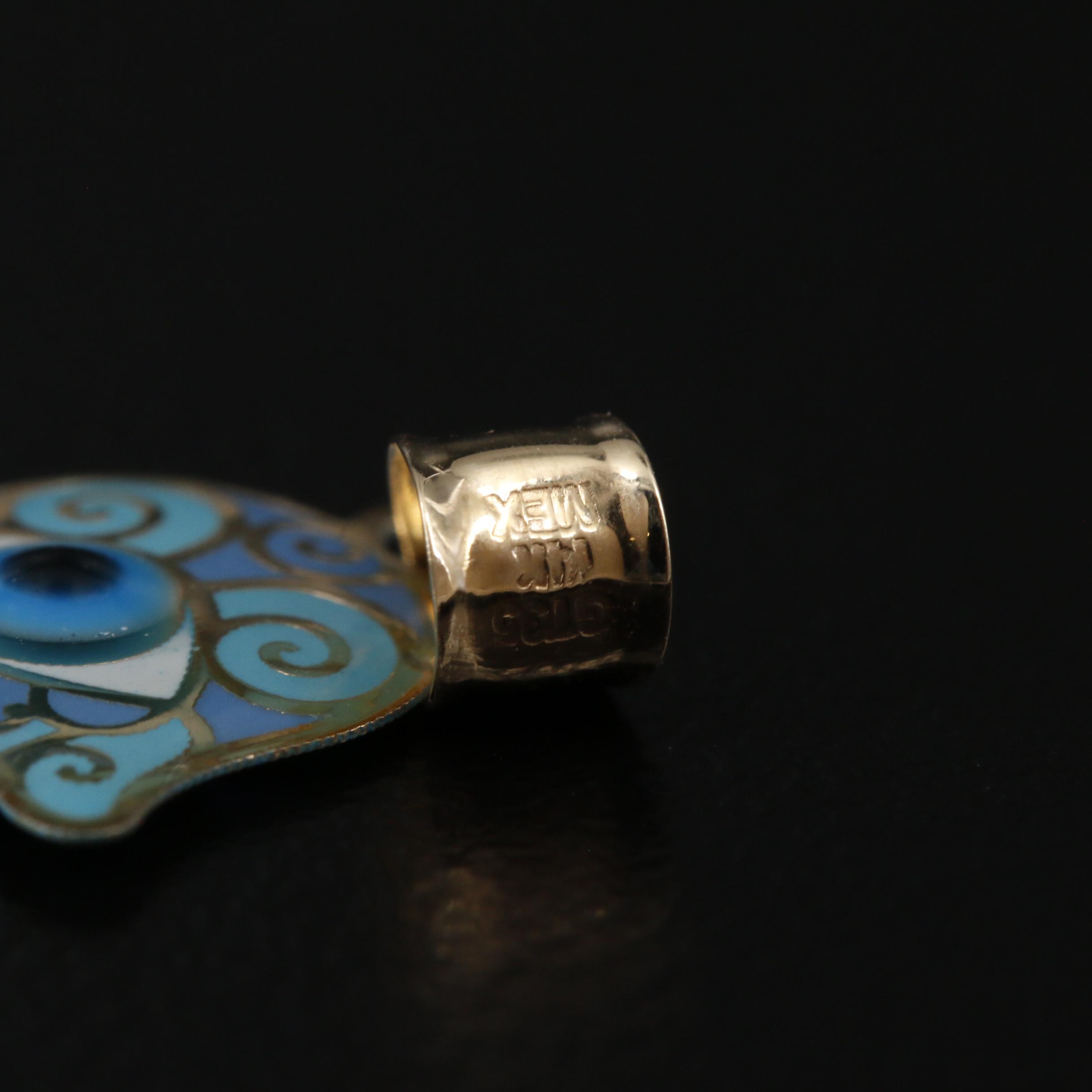 14K Gold Enamel Hamsa Pendant
