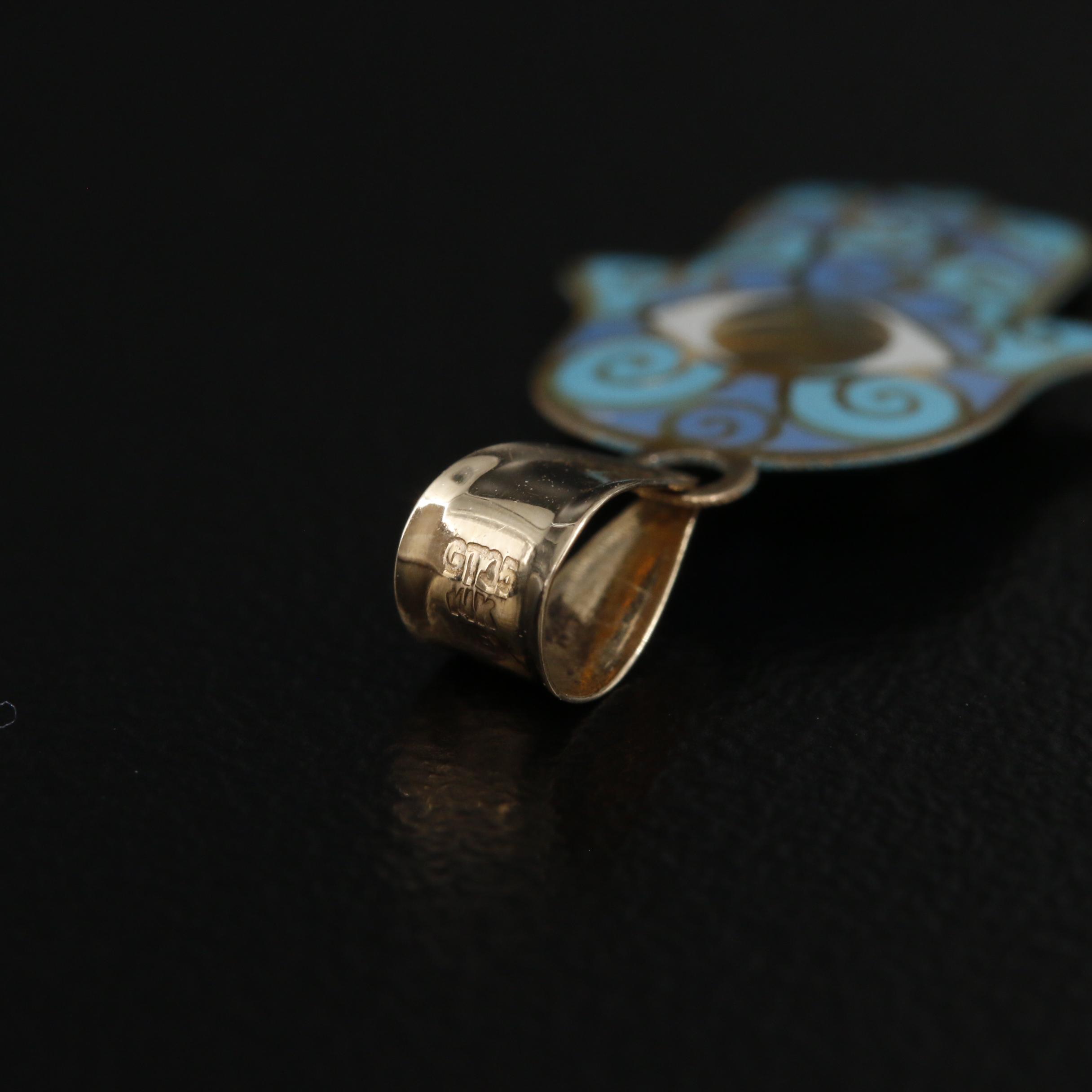 14K Gold Enamel Hamsa Pendant