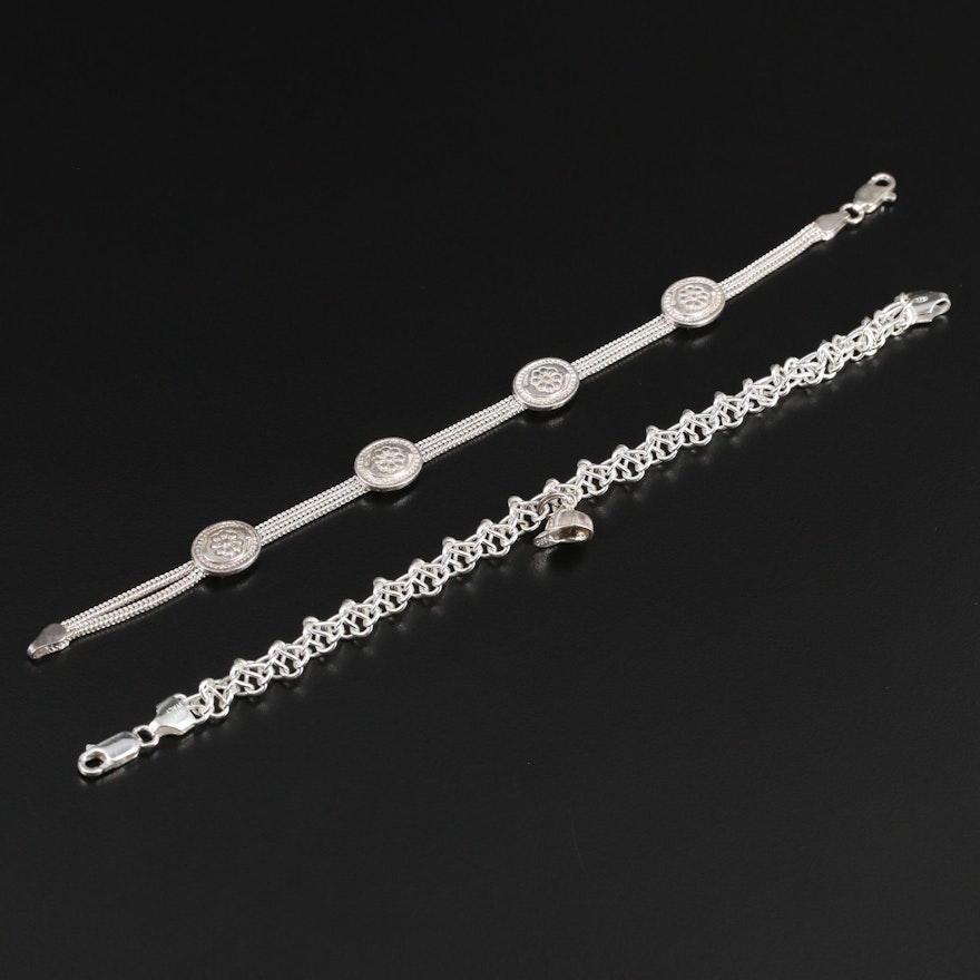 Sterling Silver Fancy Link and Foxtail Station Bracelets