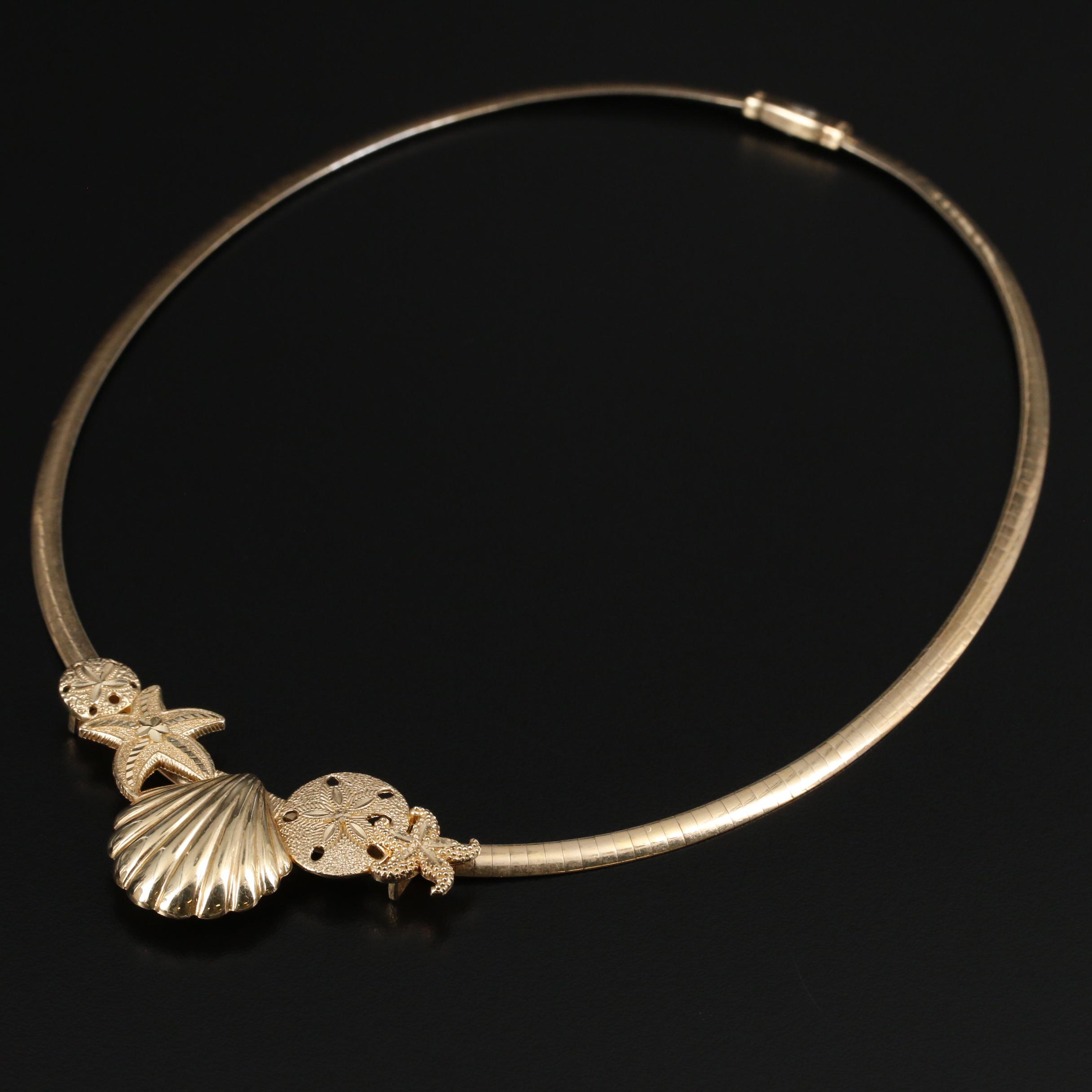 14K Gold Reversible Omega Chain with Ocean Theme Slide Pendant Necklace