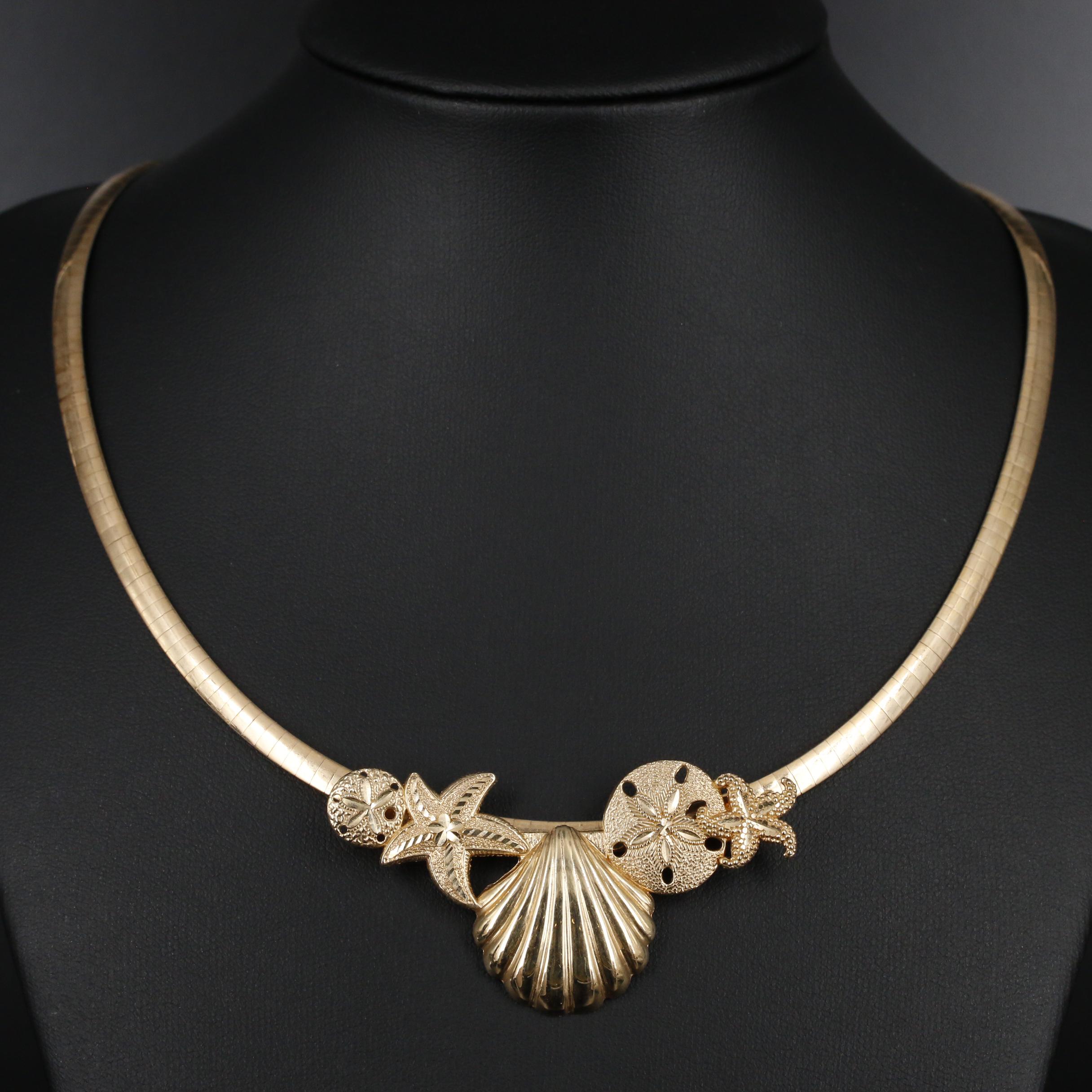 14K Gold Reversible Omega Chain with Ocean Theme Slide Pendant Necklace