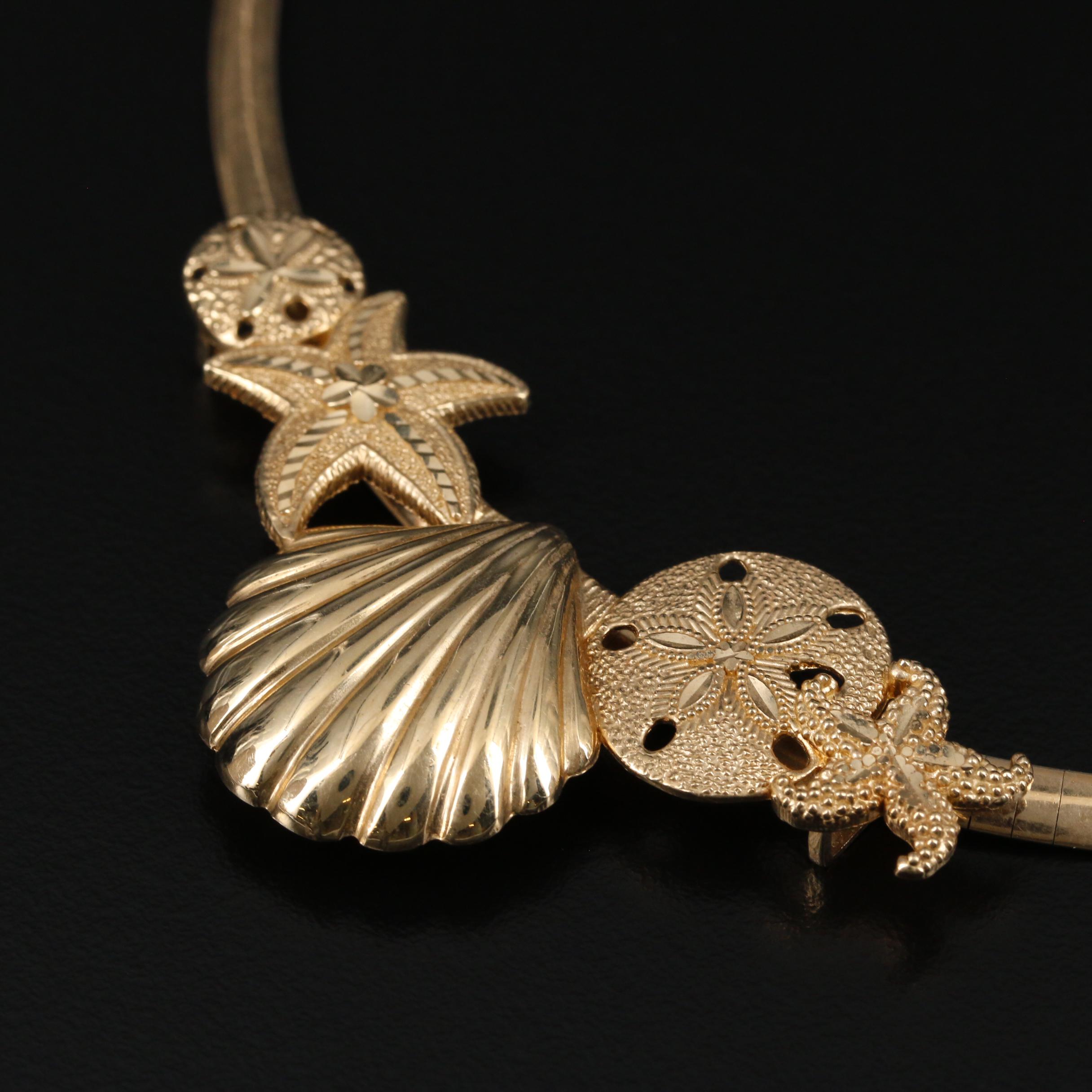 14K Gold Reversible Omega Chain with Ocean Theme Slide Pendant Necklace