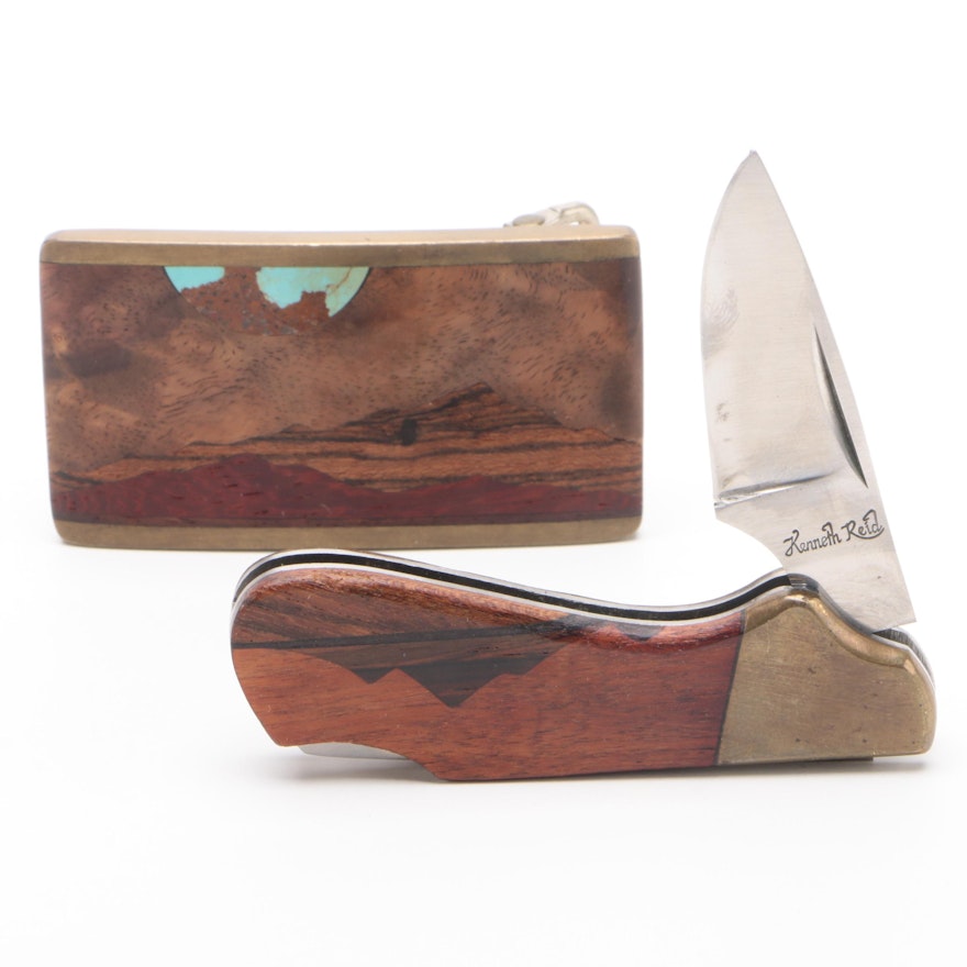 Kenneth Reid Southwestern Inlaid Wood Belt Buckle with Pocket Knife, Mid-20th C.
