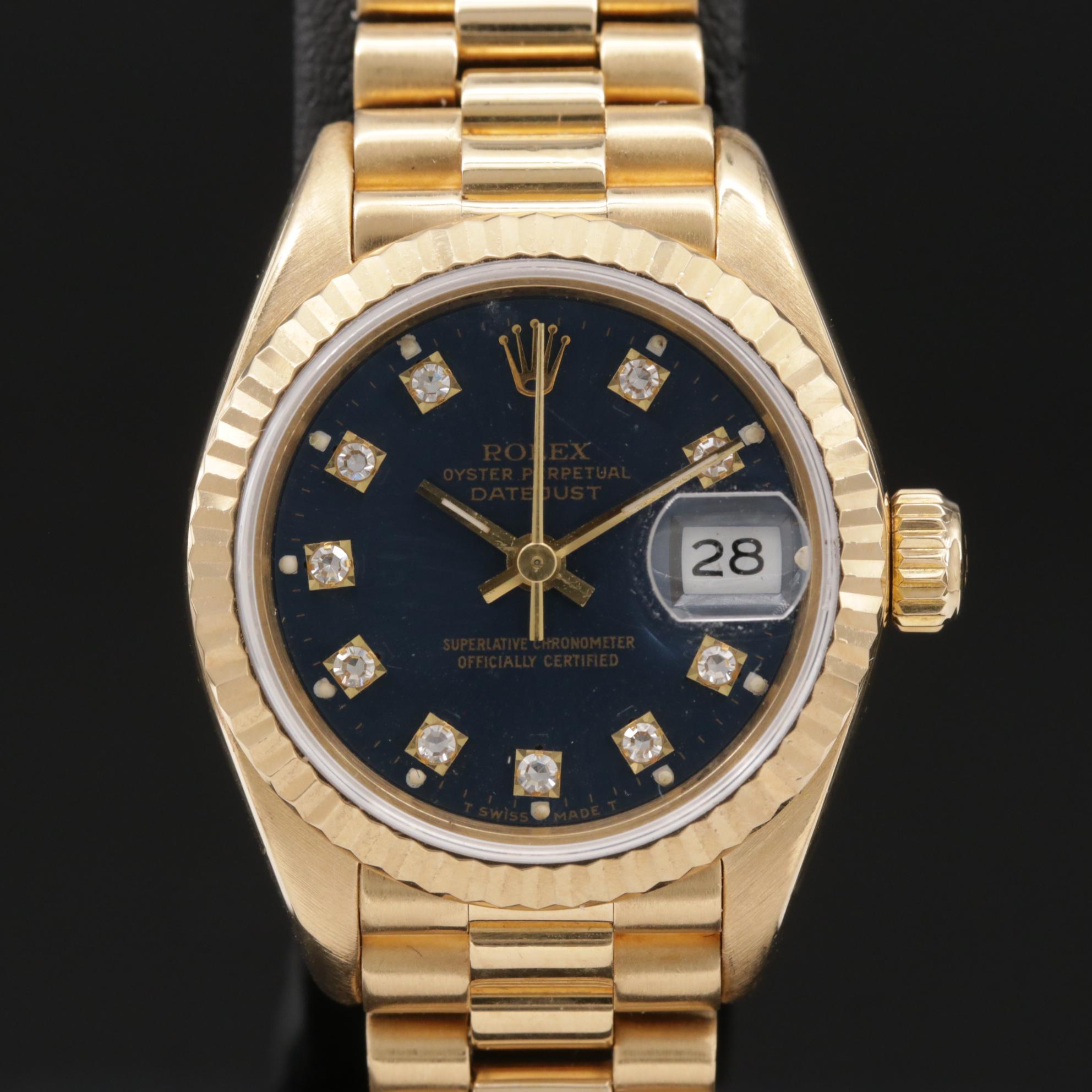 1990 Rolex Datejust 18K Gold and Diamond Dial Automatic Watch