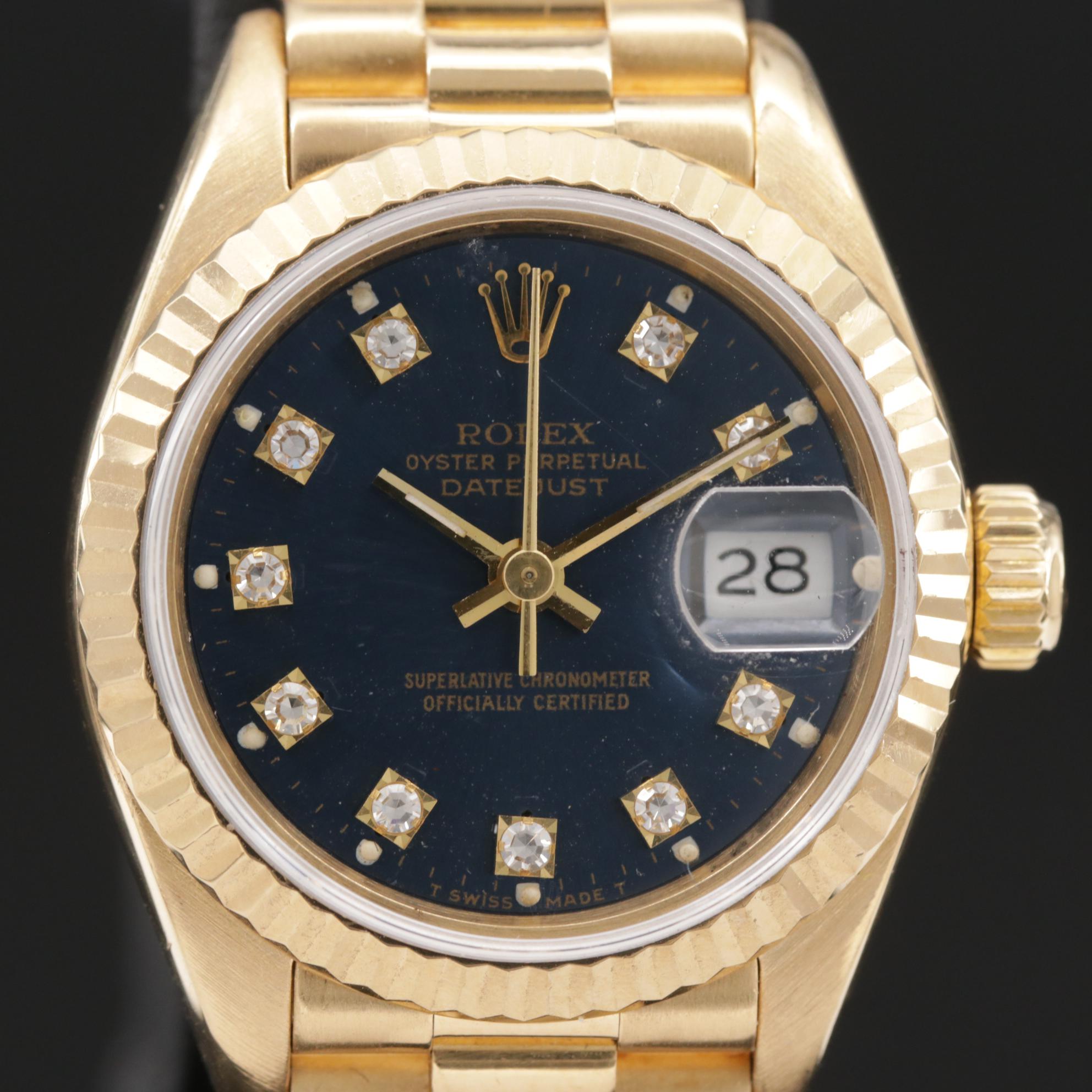 1990 Rolex Datejust 18K Gold and Diamond Dial Automatic Watch