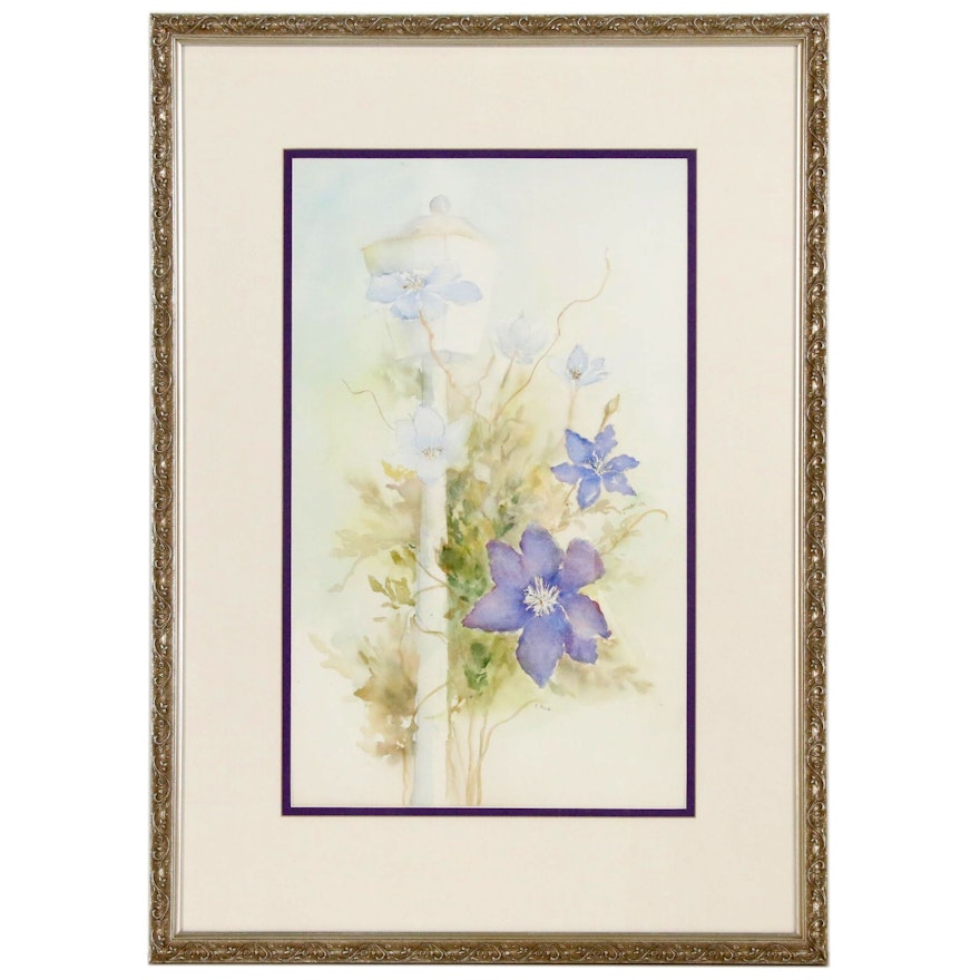 Watercolor Painting of Clematis Violas and a Light Post