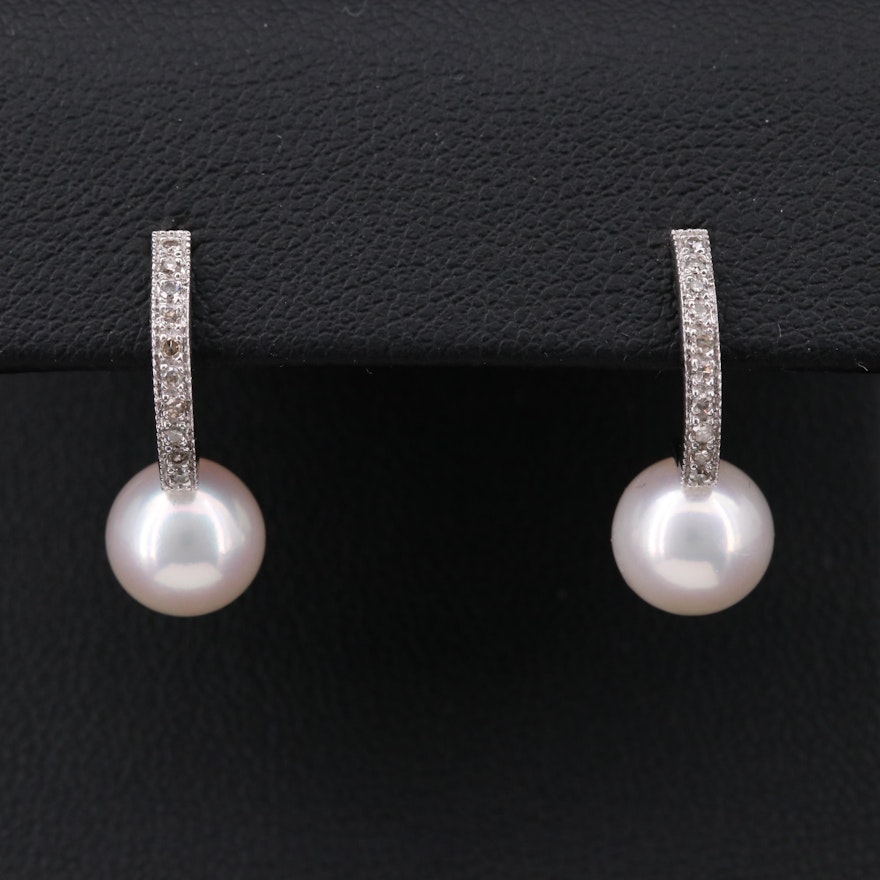 14K Gold Pearl and Diamond Drop Earrings