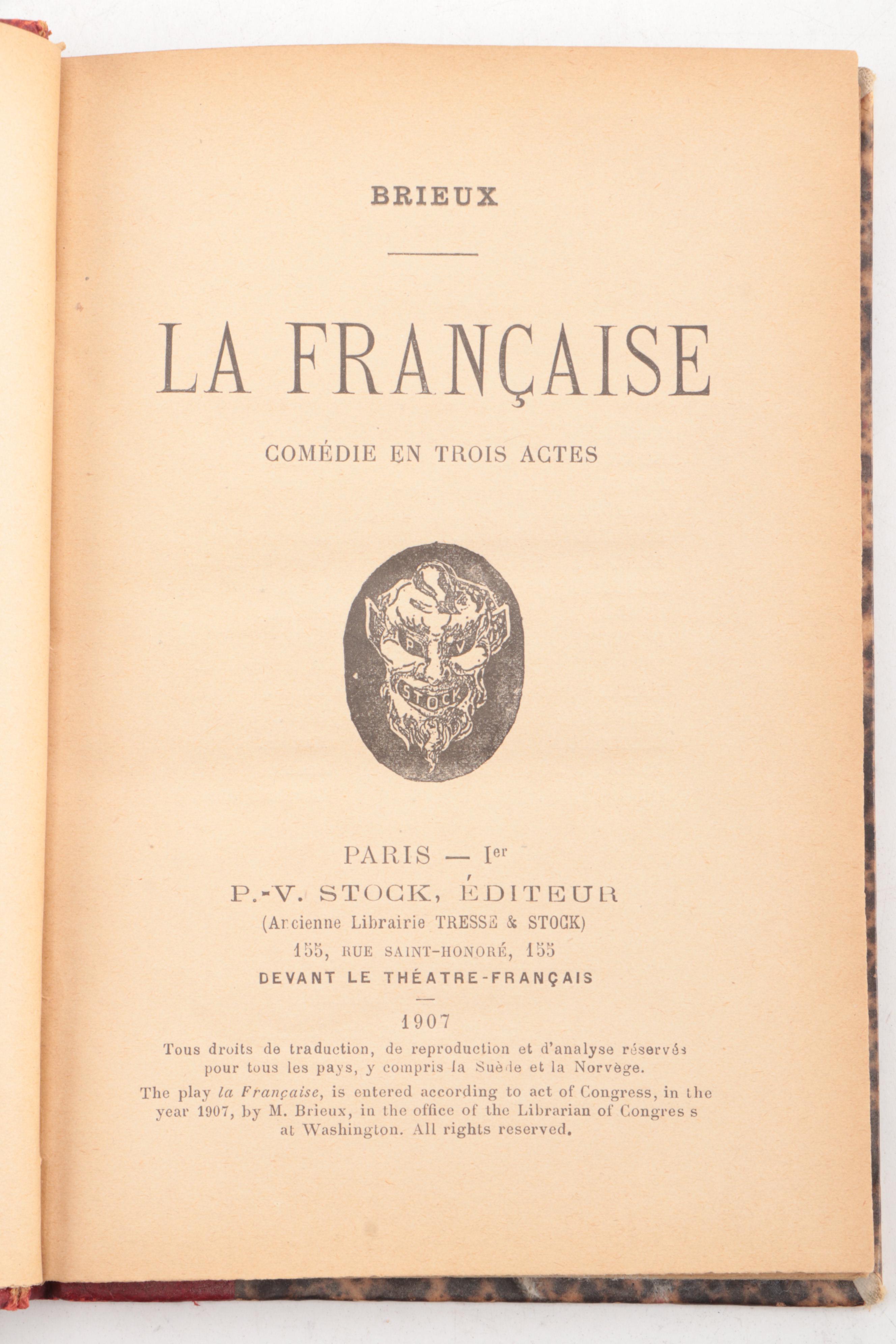 1907 "La Française Comédie En Trois Actes" by Eugene Brieux