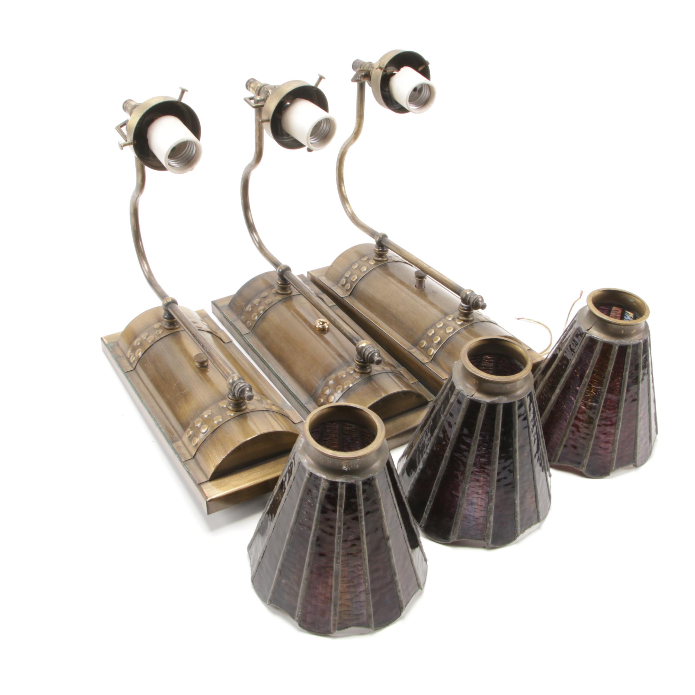 Art Deco Style Oiled Brass Wall Sconces with Stained Glass Shades