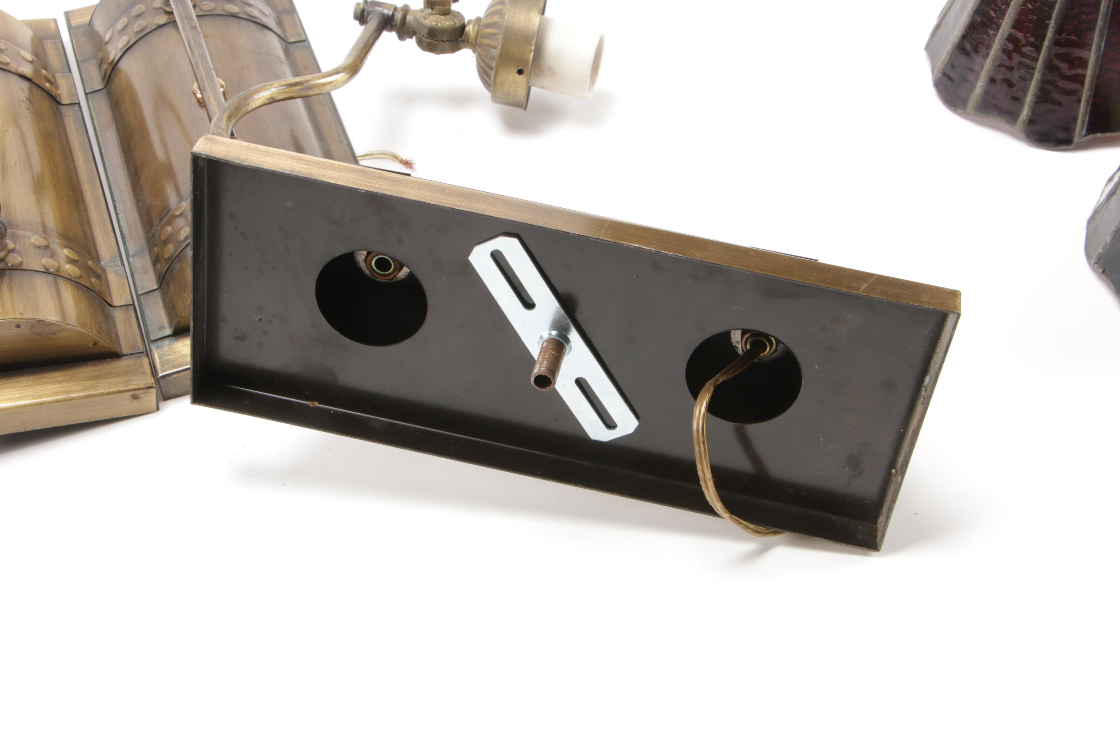 Art Deco Style Oiled Brass Wall Sconces with Stained Glass Shades