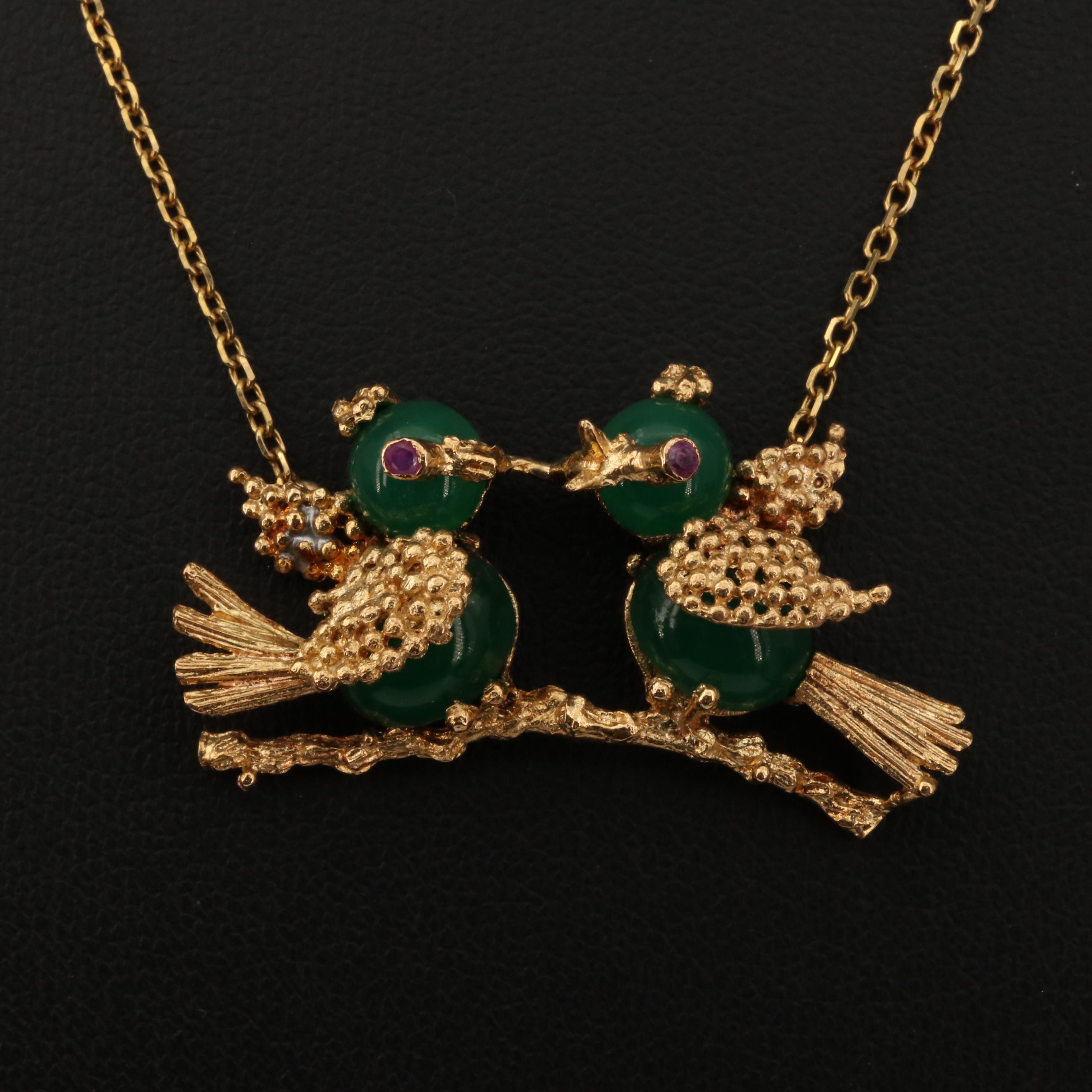 Vintage 14K and 18K Gold Ruby Bird Necklace with Glass Accents