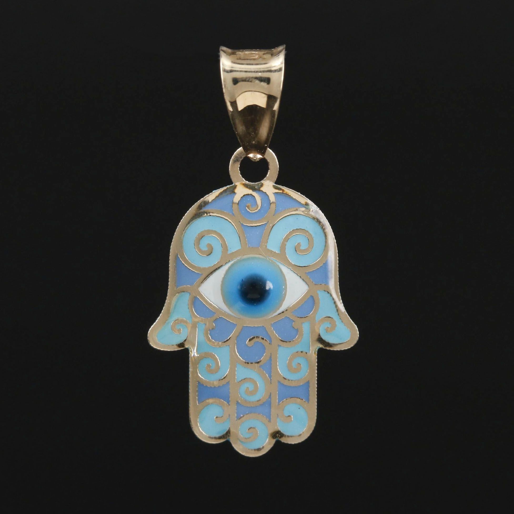 14K Gold Enamel Hamsa Pendant