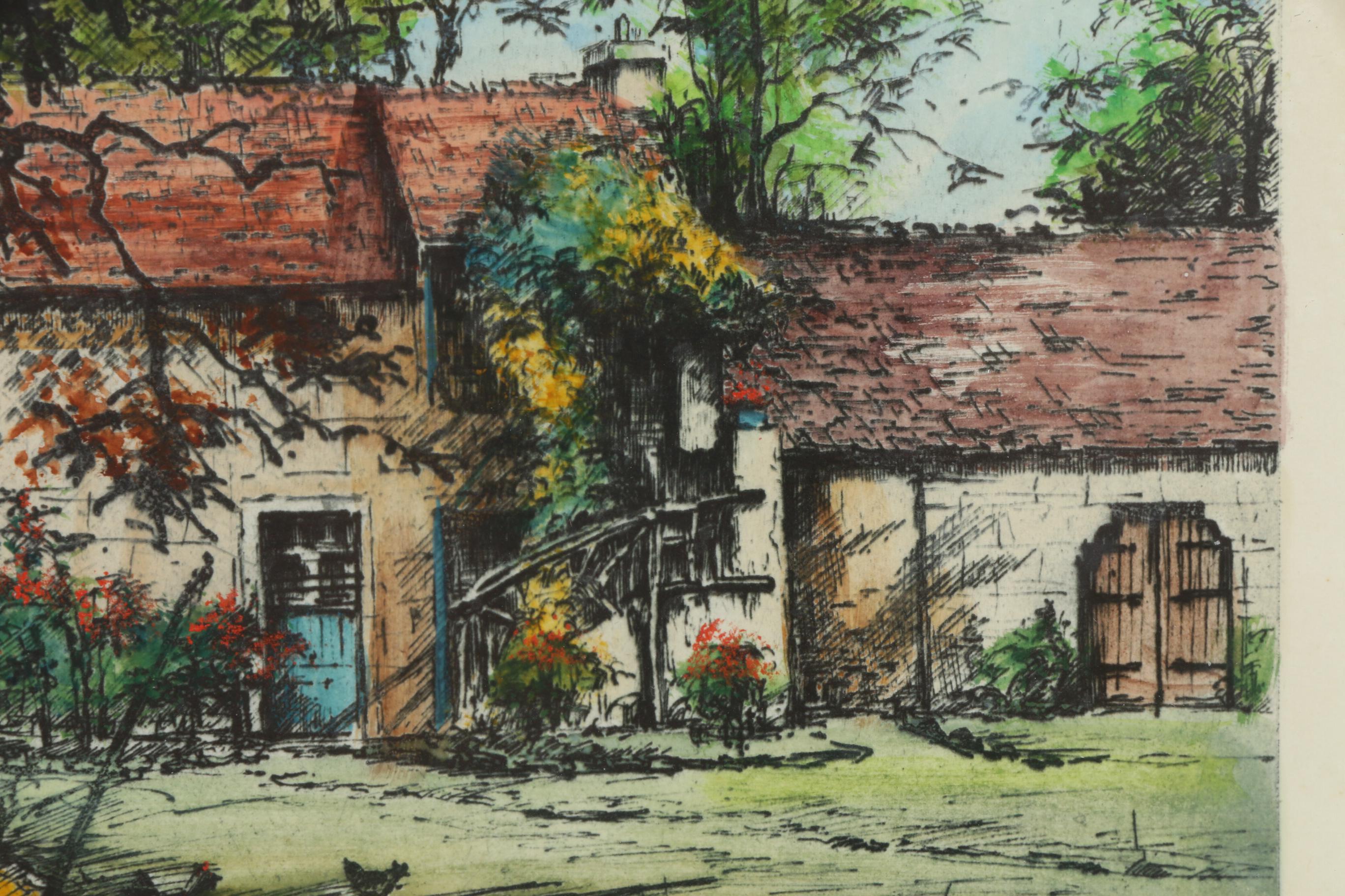 Eugene Veder Hand-Colored Etchings of Barbizon, France, Early 20th Century