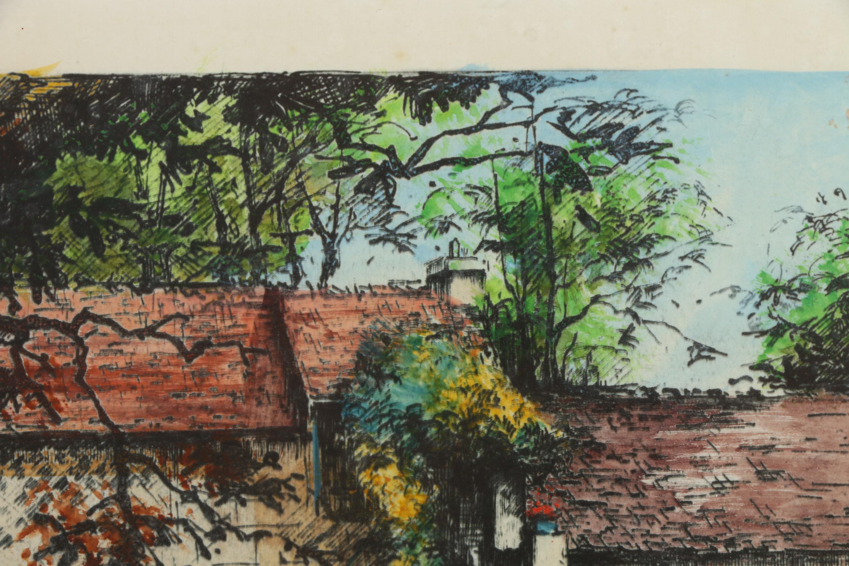 Eugene Veder Hand-Colored Etchings of Barbizon, France, Early 20th Century