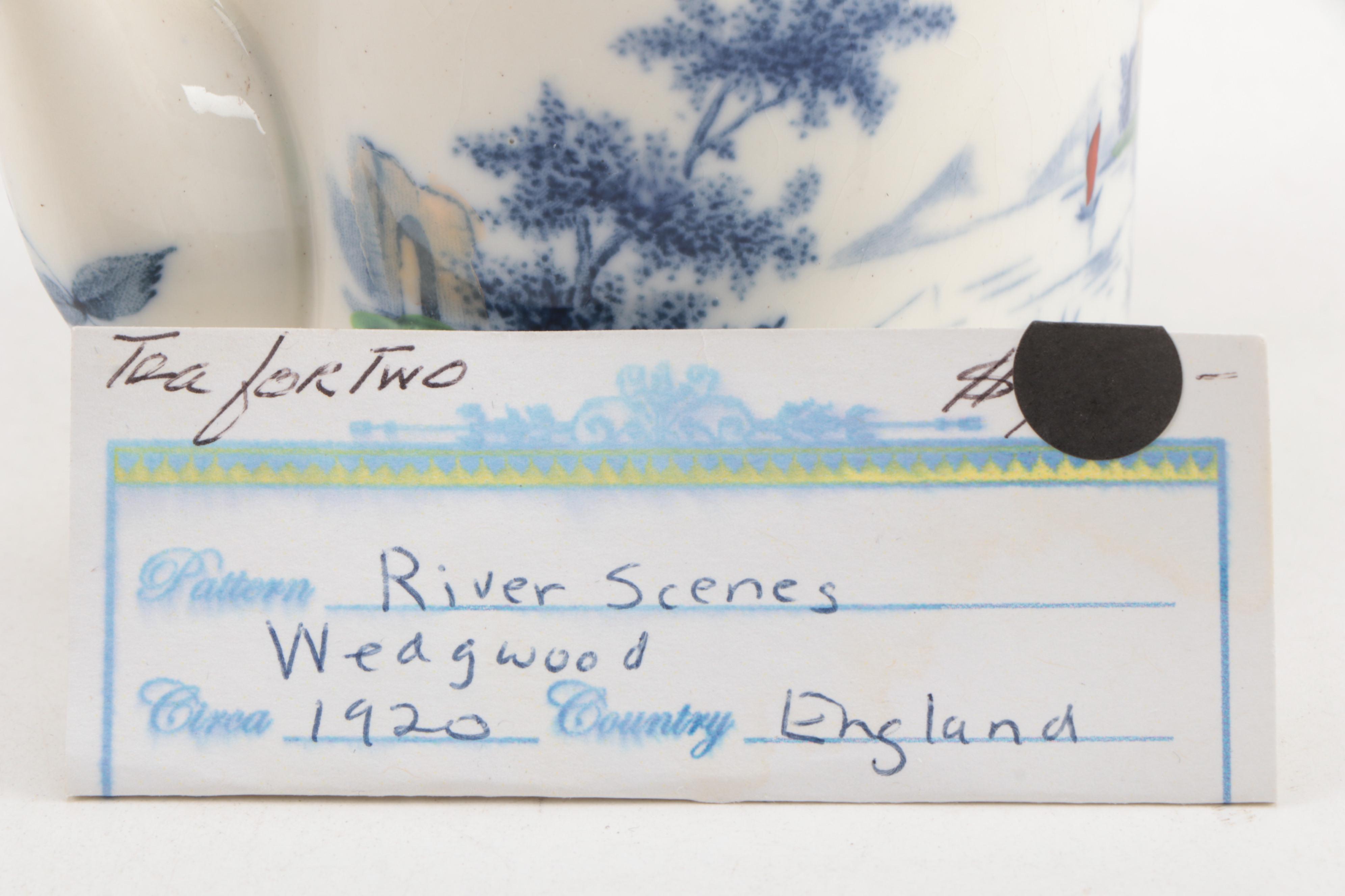 Wedgwood "River Scene" Tea Set with Copeland "Tower" Salt and Pepper Shakers