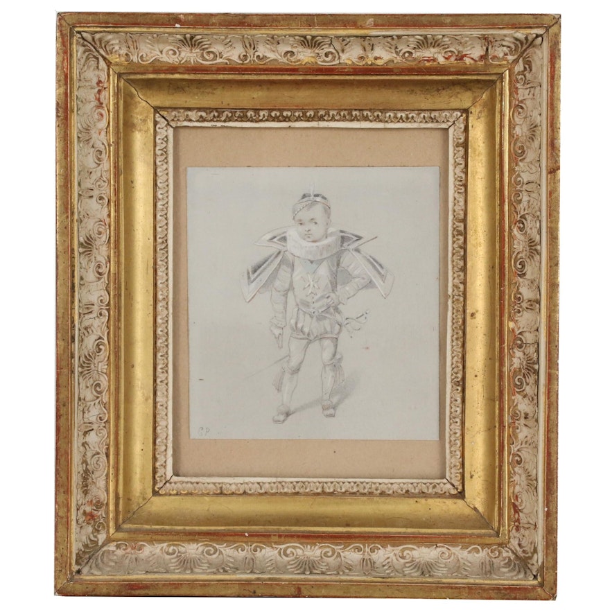 Attributed to Gustave Popelin Graphite and Gouache Drawing of Young Boy