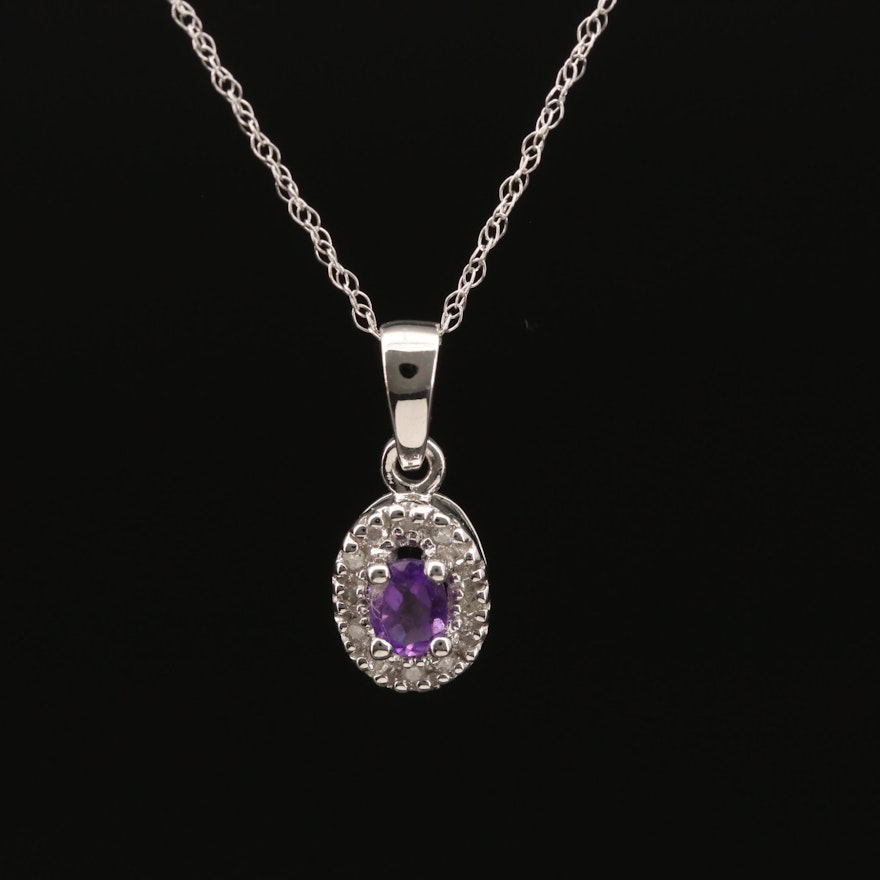 10K Amethyst and Diamond Pendant on 14K Singapore Chain Necklace