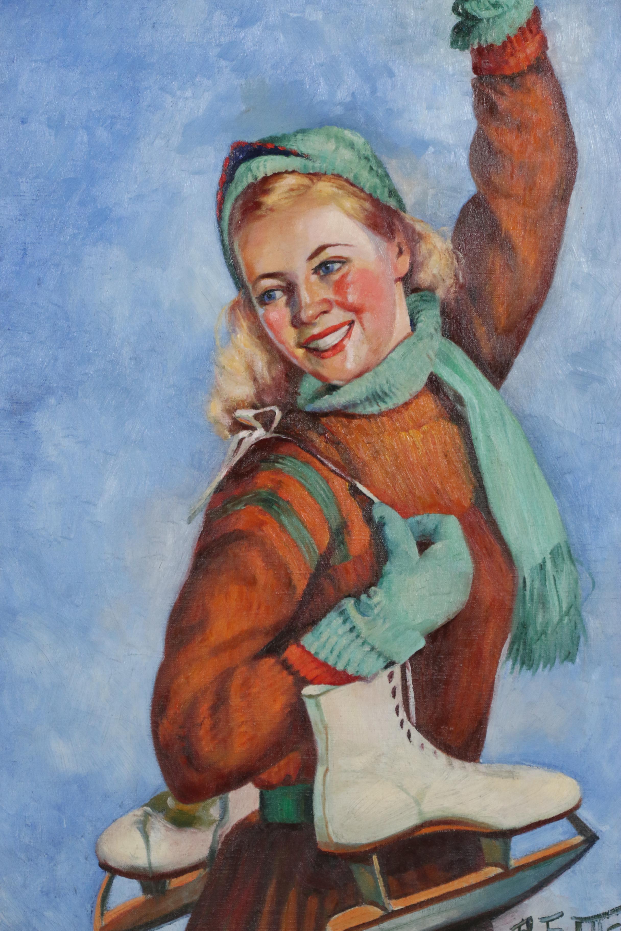 Anna Elkan Meltzer Genre Oil Painting of Ice Skater