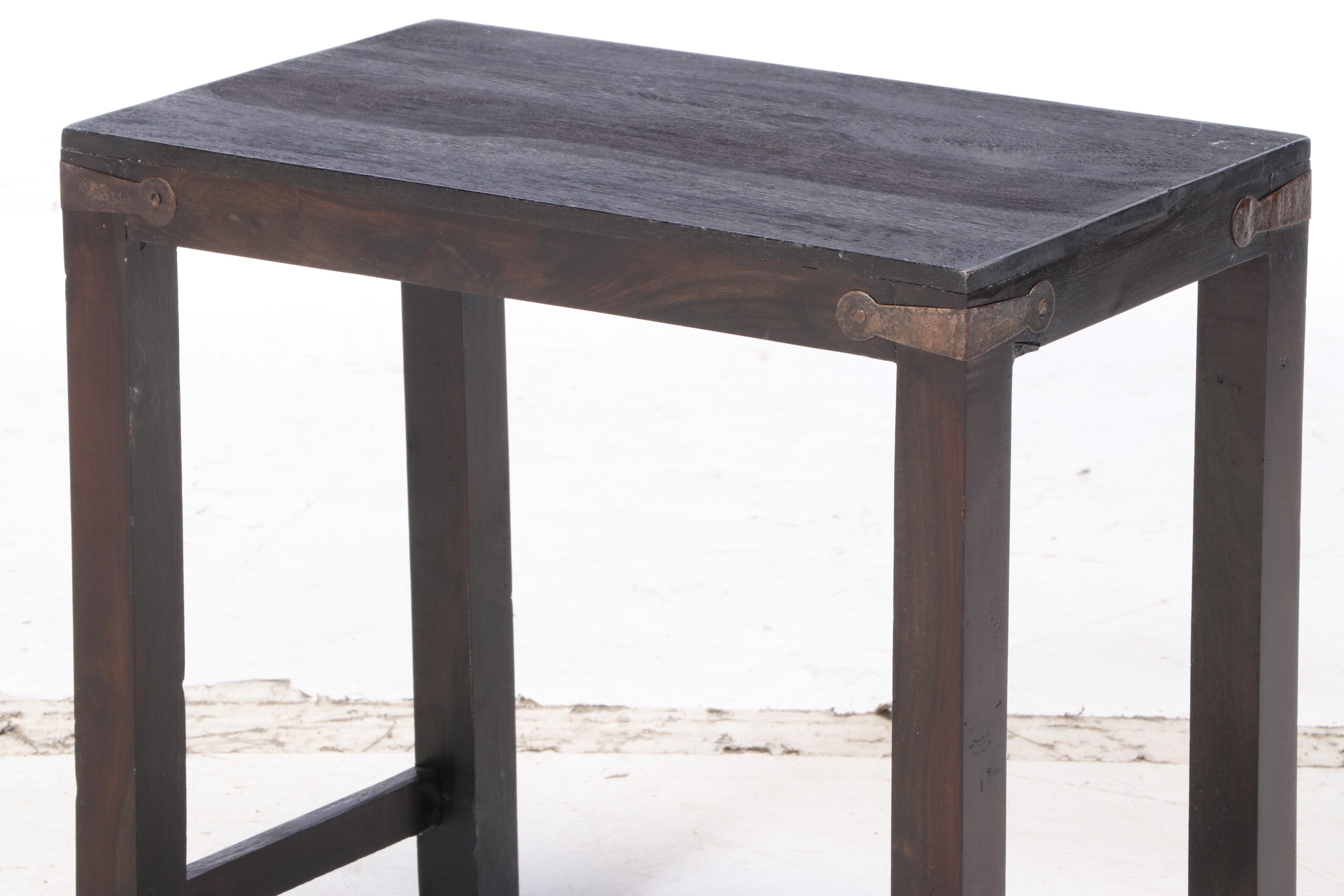 Rustic Style Metal-Mounted Stained Wood Side Table