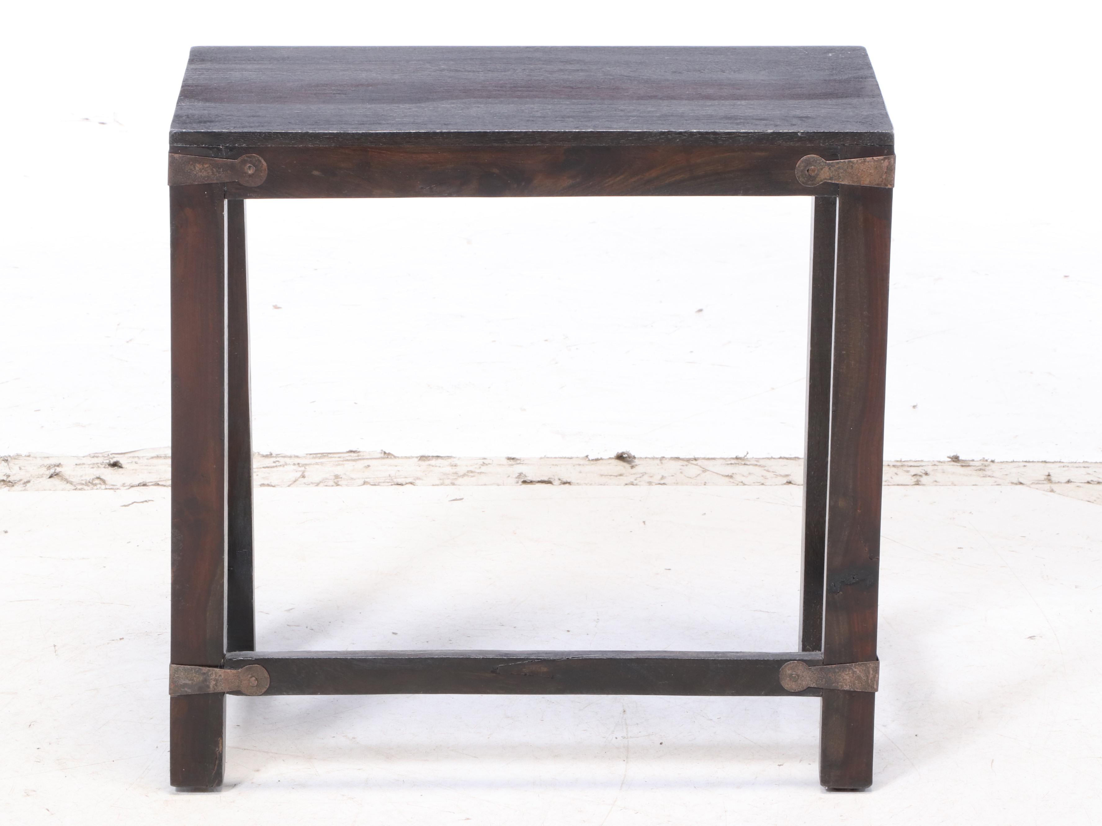 Rustic Style Metal-Mounted Stained Wood Side Table