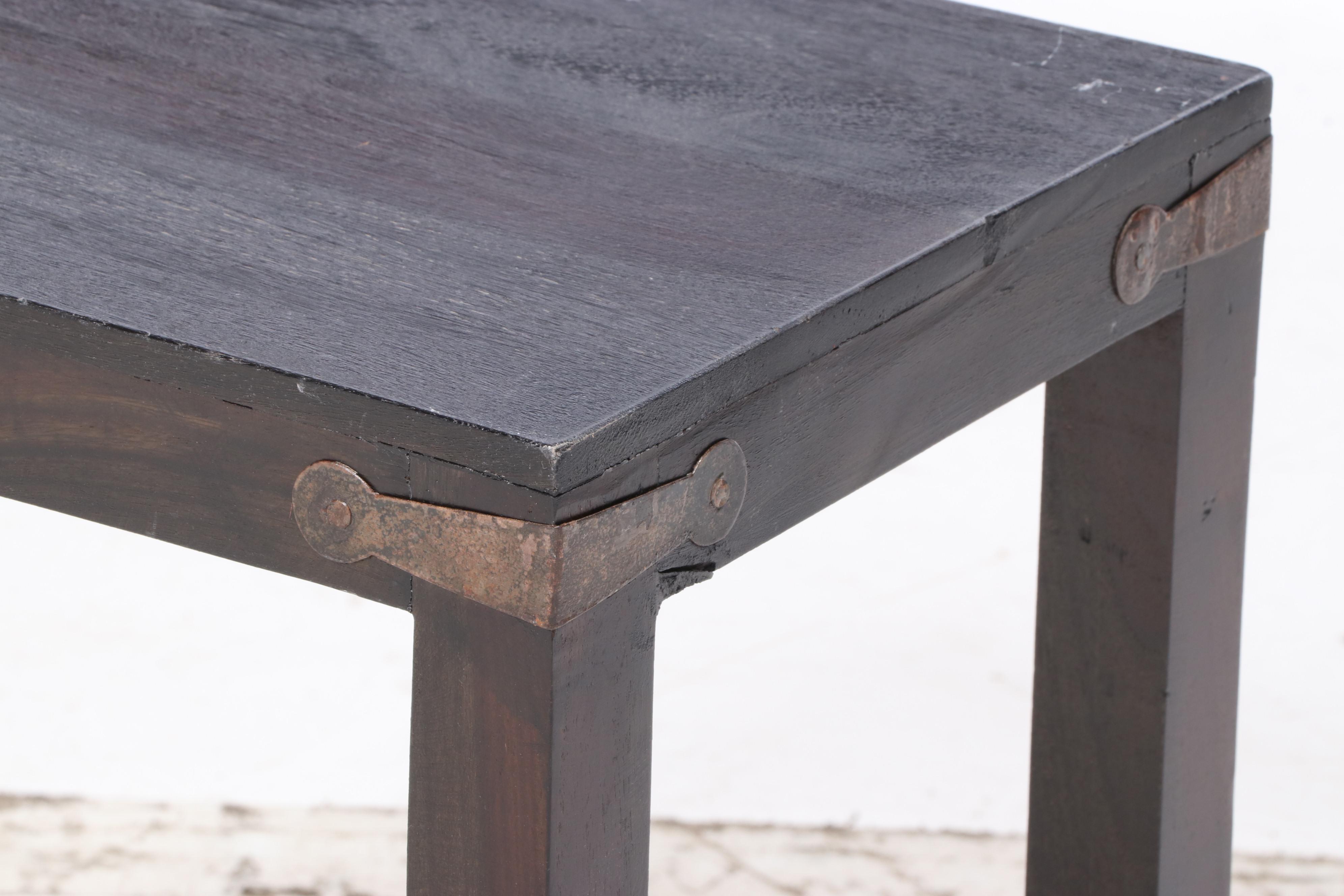 Rustic Style Metal-Mounted Stained Wood Side Table