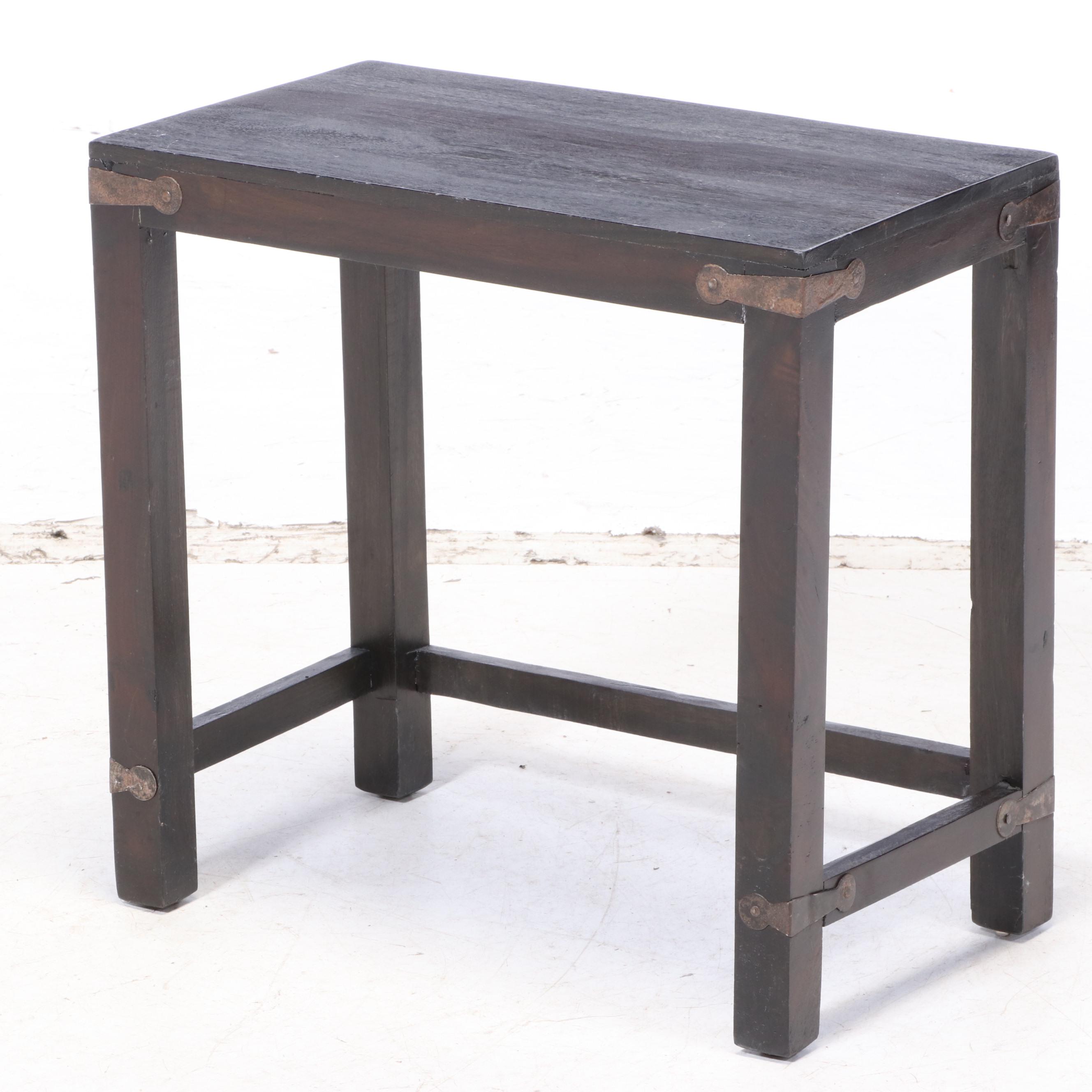 Rustic Style Metal-Mounted Stained Wood Side Table