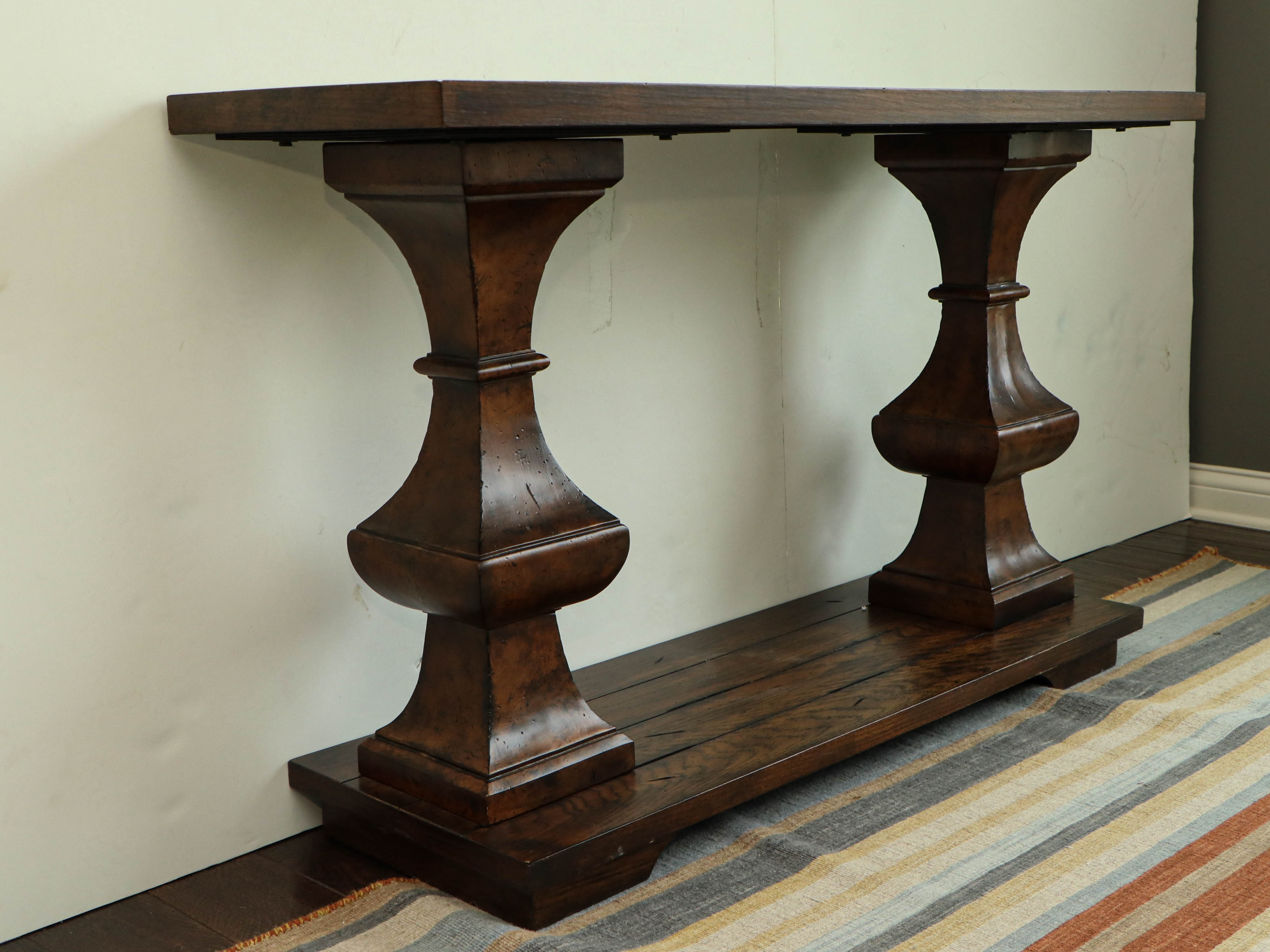 Planked Wood Style Double-Pedestal Console Table