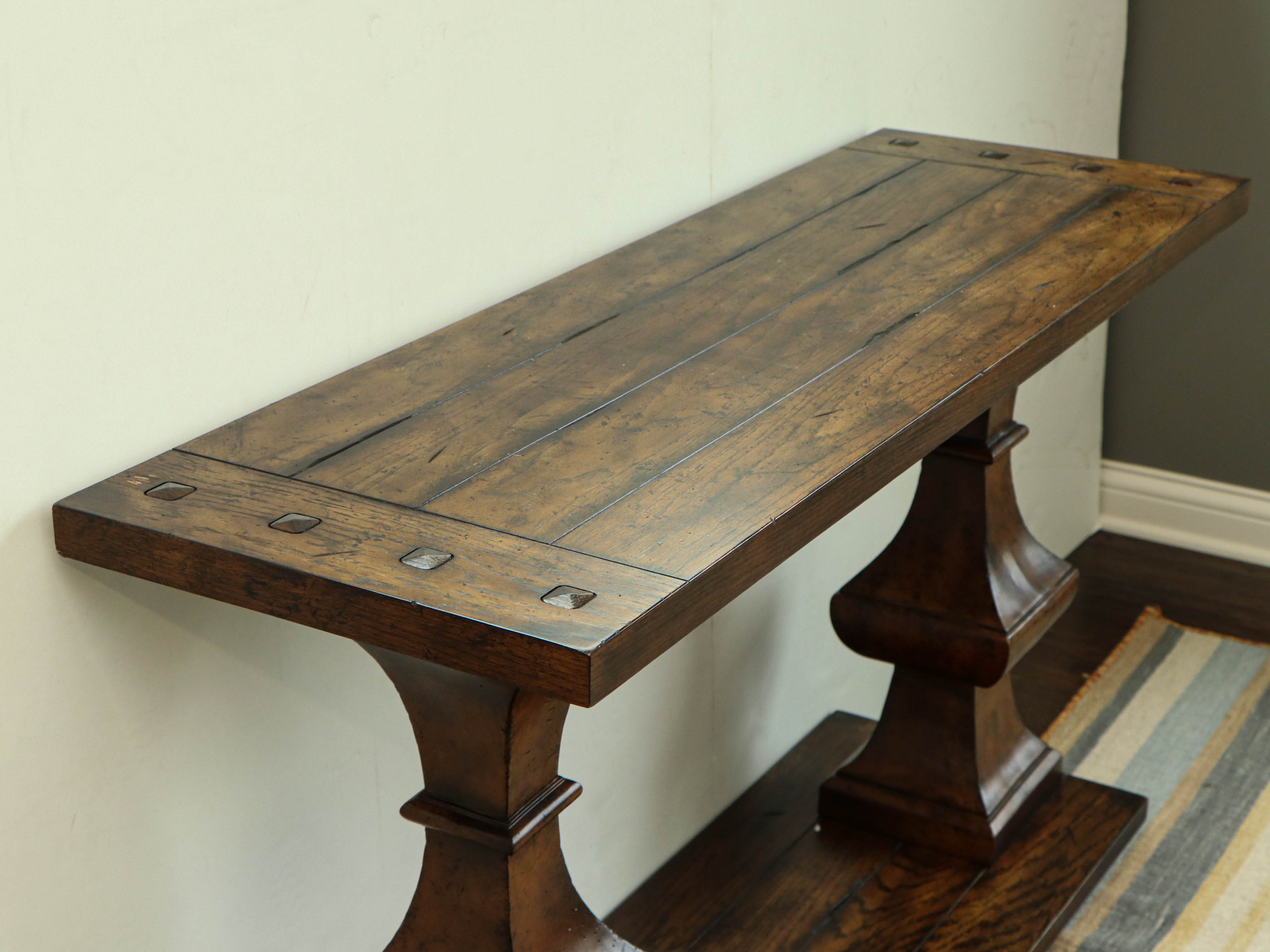 Planked Wood Style Double-Pedestal Console Table