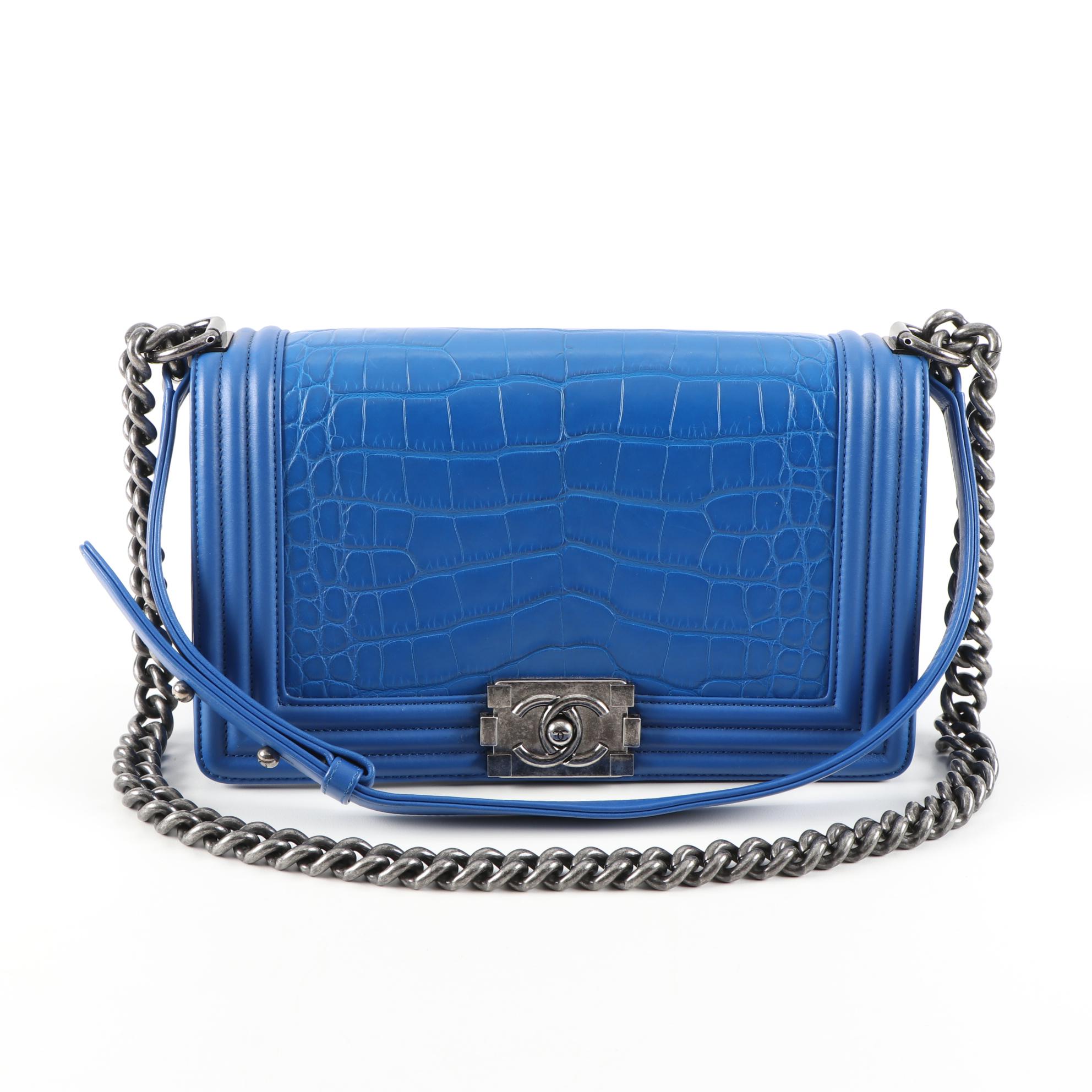 Chanel Matte Blue Alligator and Calfskin Leather Two-Way Boy Bag