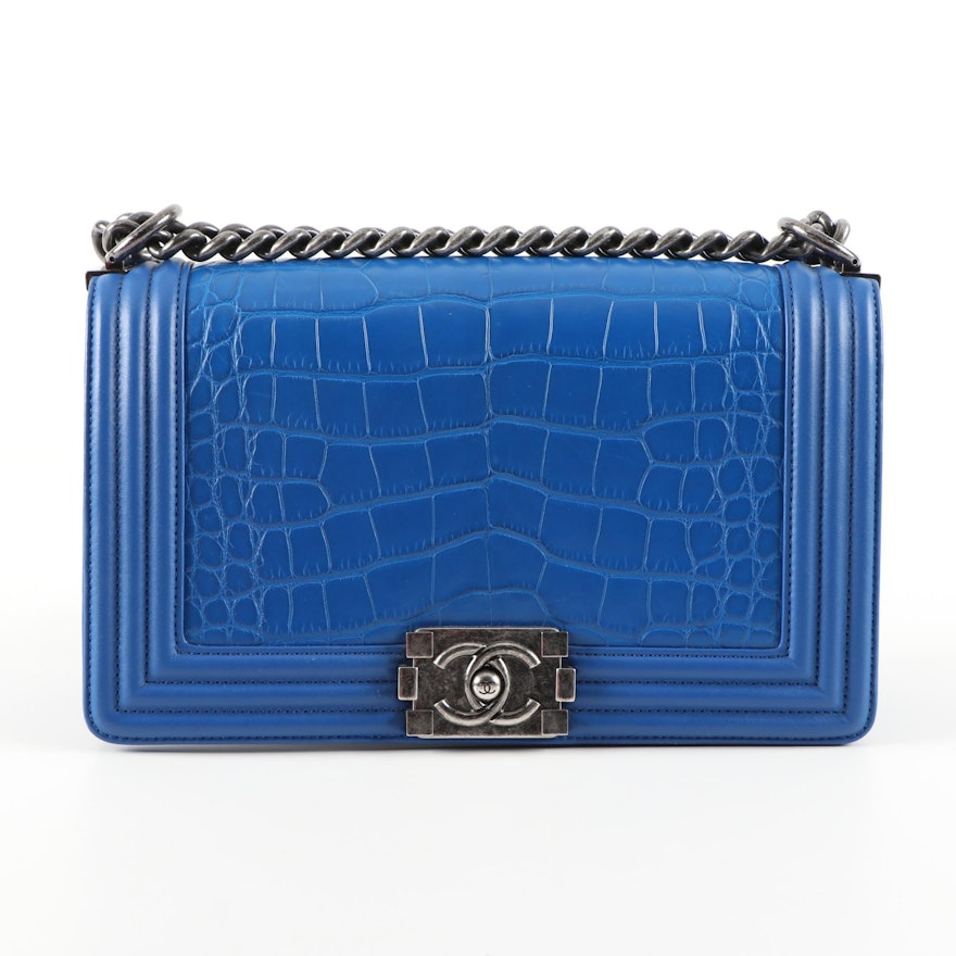 Chanel Matte Blue Alligator and Calfskin Leather Two-Way Boy Bag