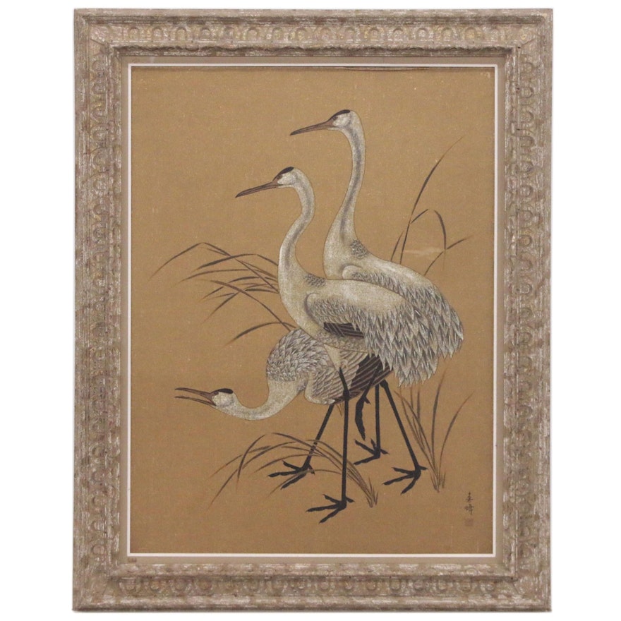 East Asian Ink and Gouache Painting of Cranes