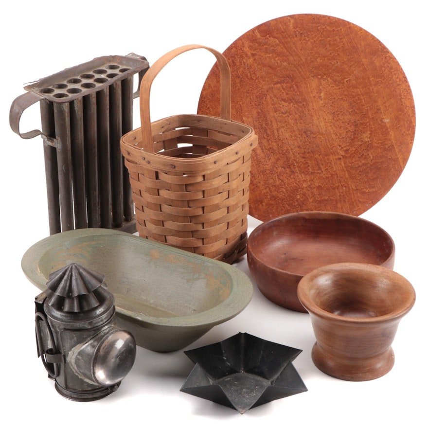 Longaberger Basket, Metal Candle Mold, Wooden Bowls, and Other Décor