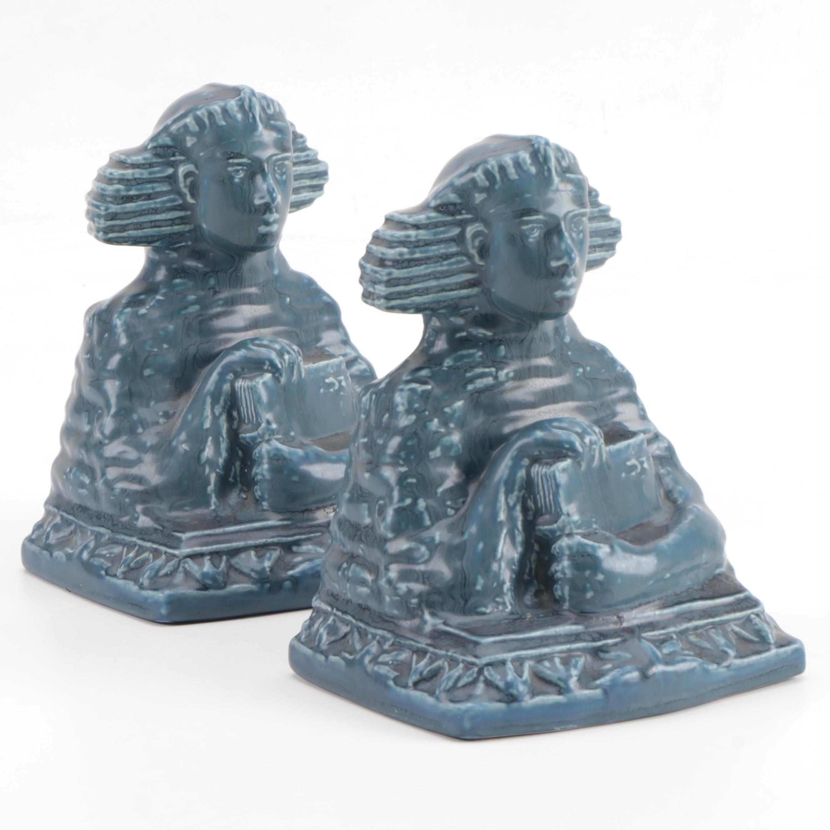Rookwood Pottery Matte Blue Ceramic Sphinx Bookends, 1920