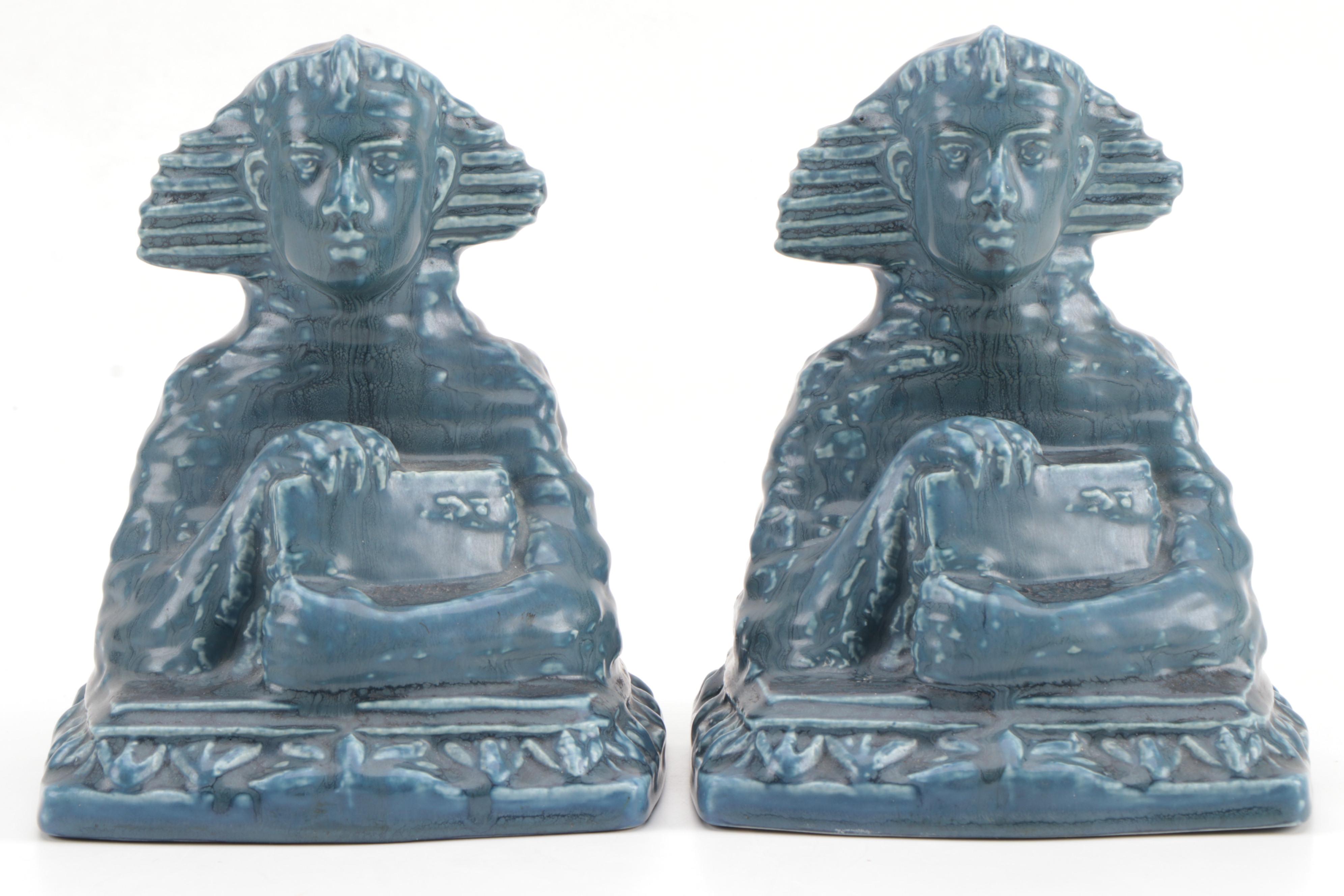 Rookwood Pottery Matte Blue Ceramic Sphinx Bookends, 1920