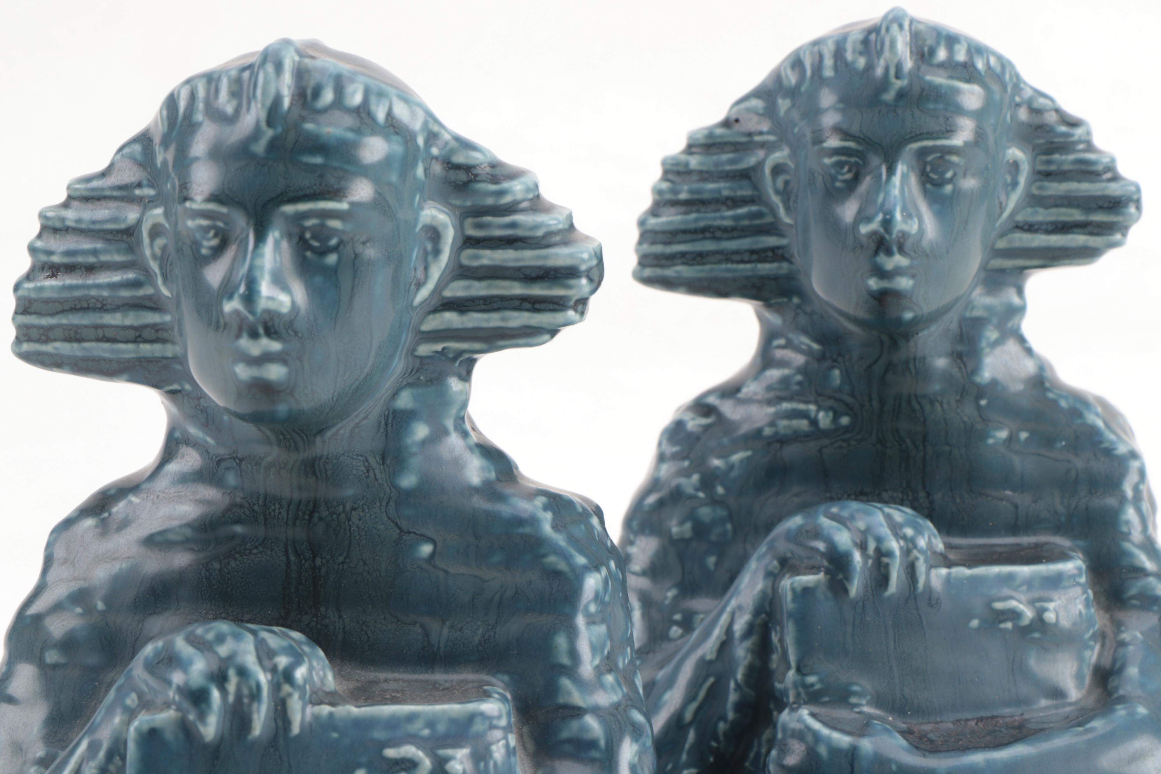 Rookwood Pottery Matte Blue Ceramic Sphinx Bookends, 1920