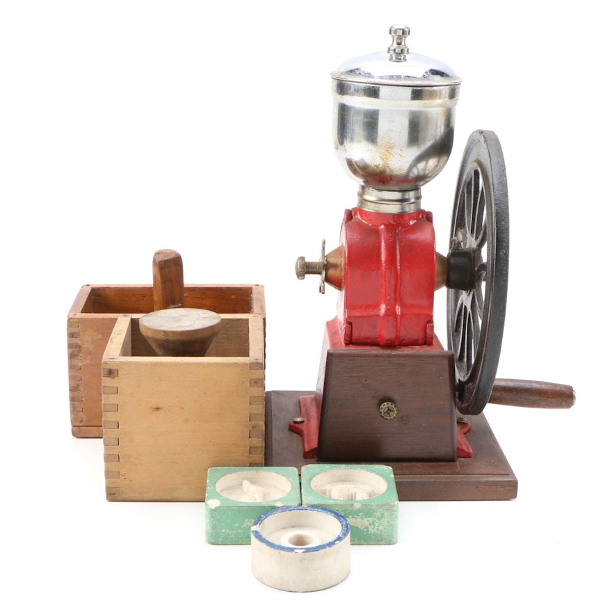 Cold Painted Coffee Mill, Butter Molds with Dovetailed Jointed Wooden Boxes