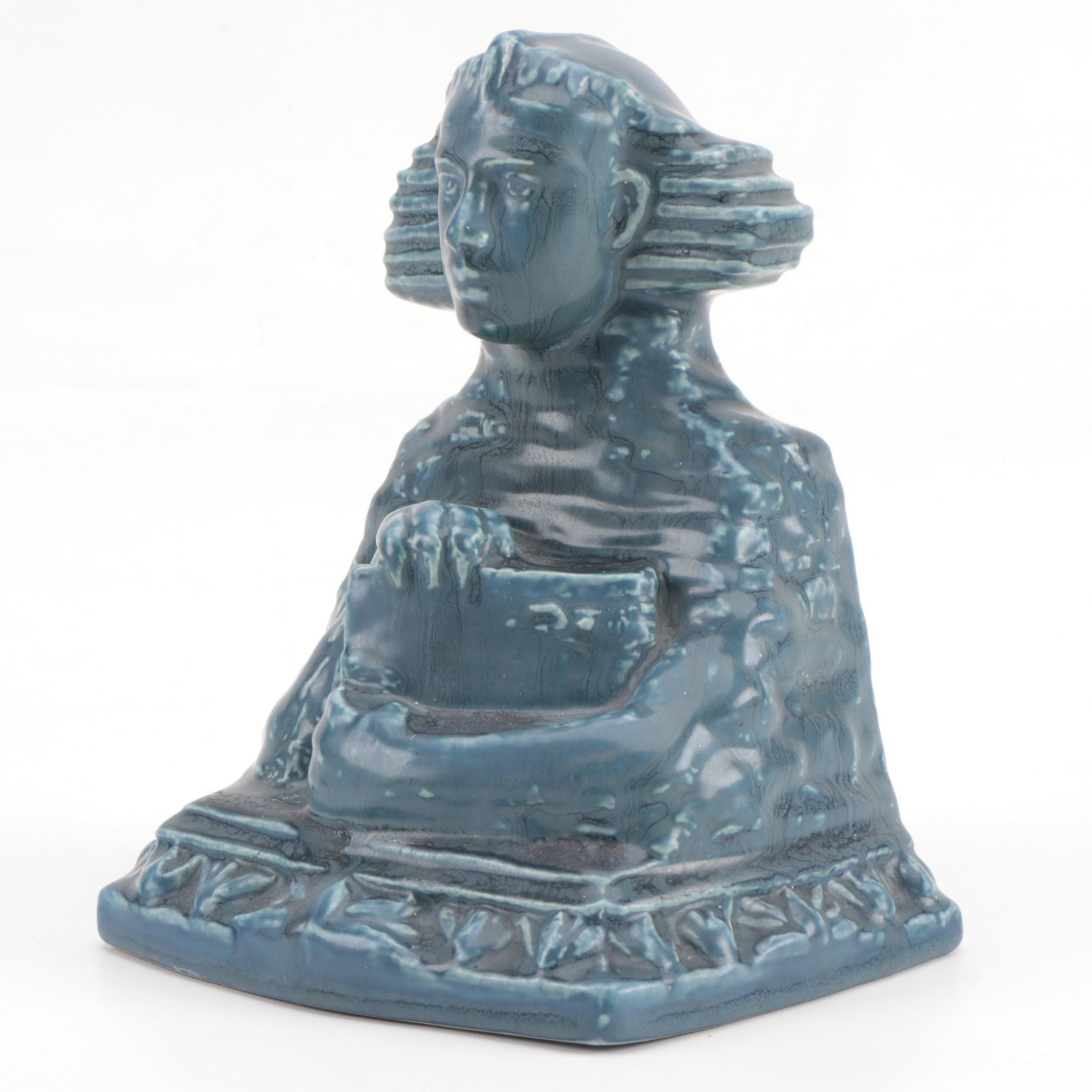 Rookwood Pottery Matte Blue Ceramic Sphinx Bookends, 1920