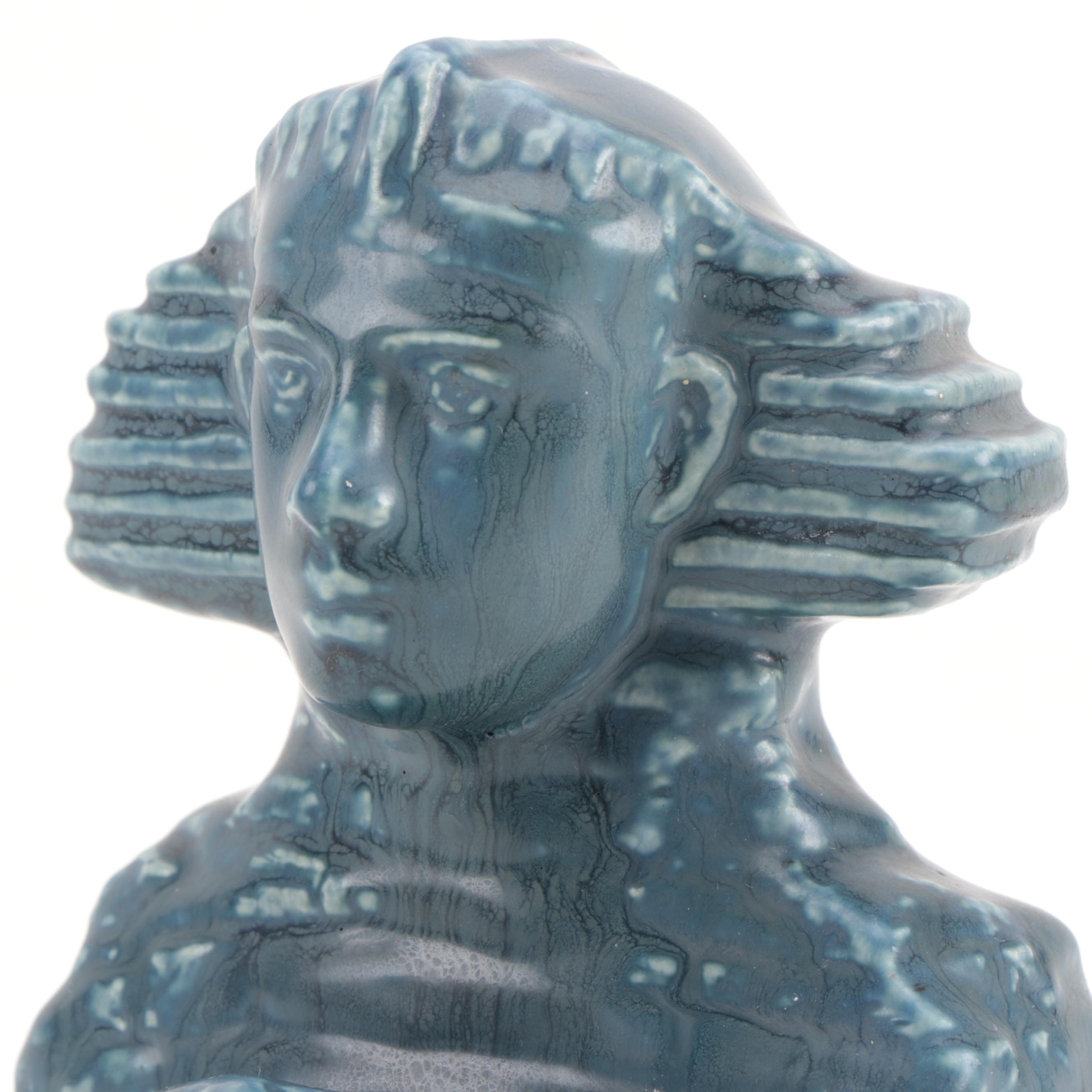 Rookwood Pottery Matte Blue Ceramic Sphinx Bookends, 1920