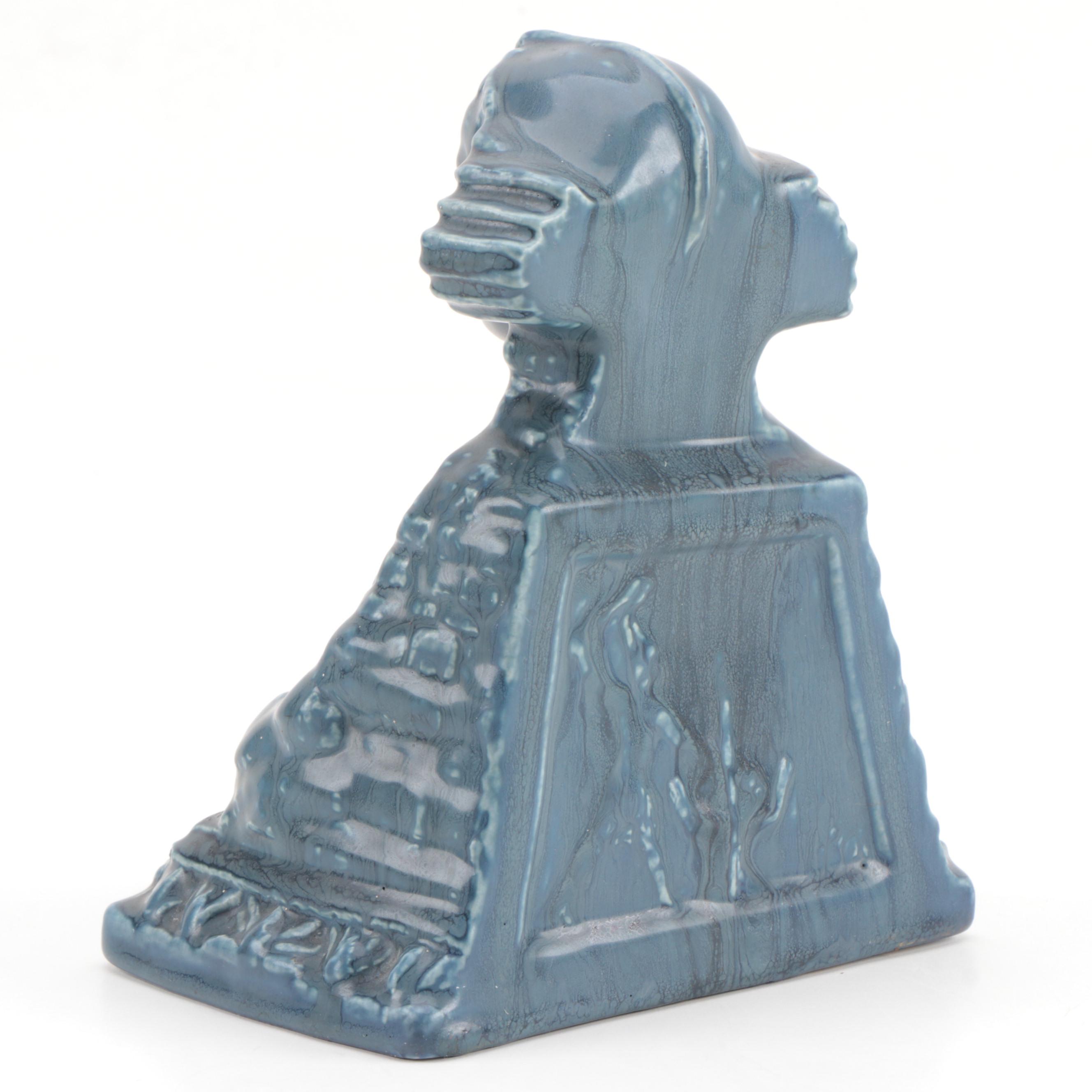 Rookwood Pottery Matte Blue Ceramic Sphinx Bookends, 1920