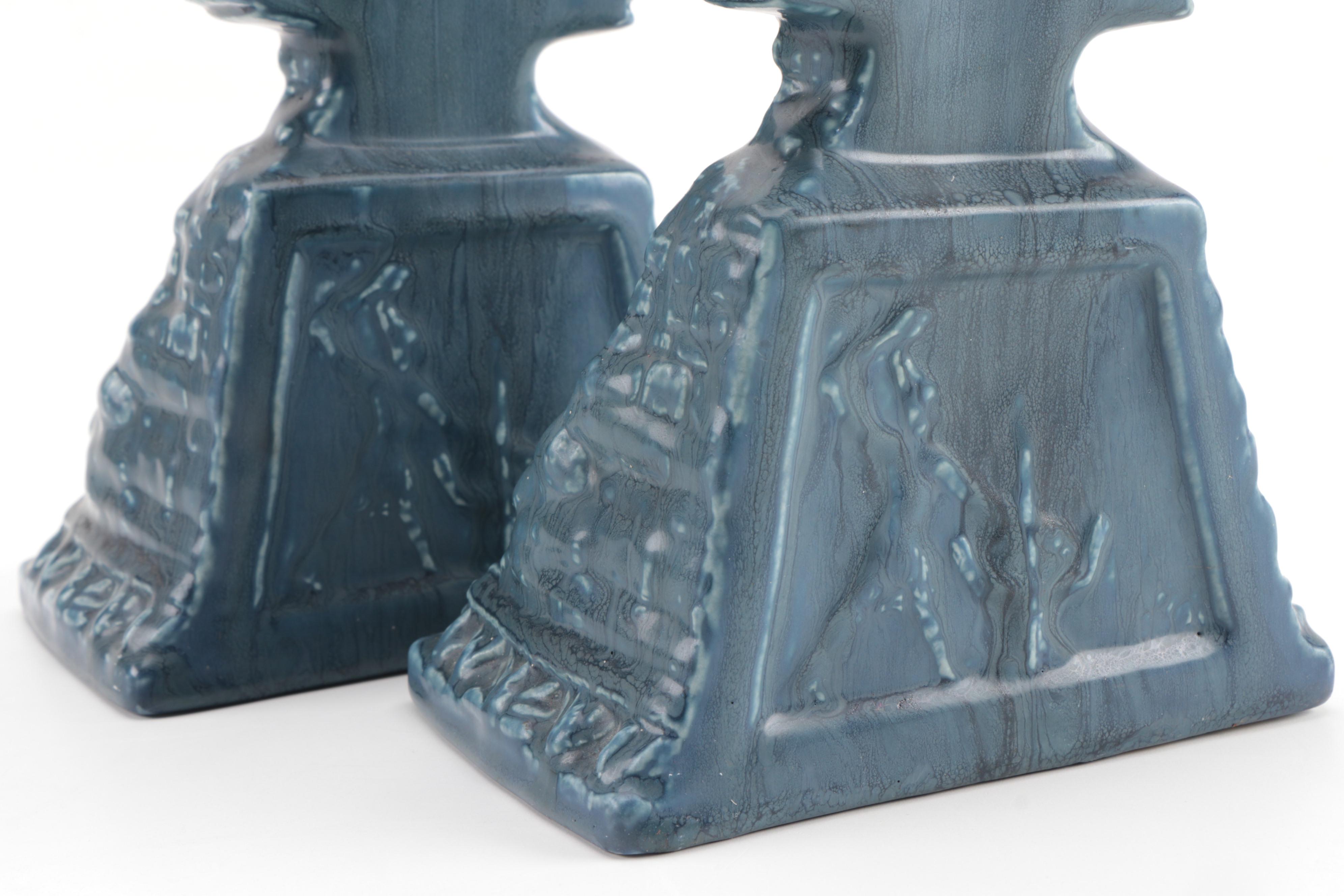 Rookwood Pottery Matte Blue Ceramic Sphinx Bookends, 1920