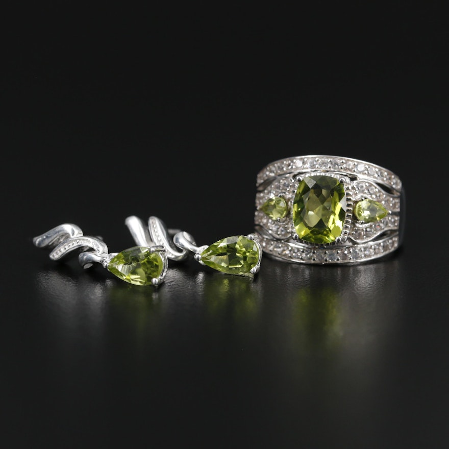 Sterling Silver Peridot Earrings and Ring with Zircon Accents