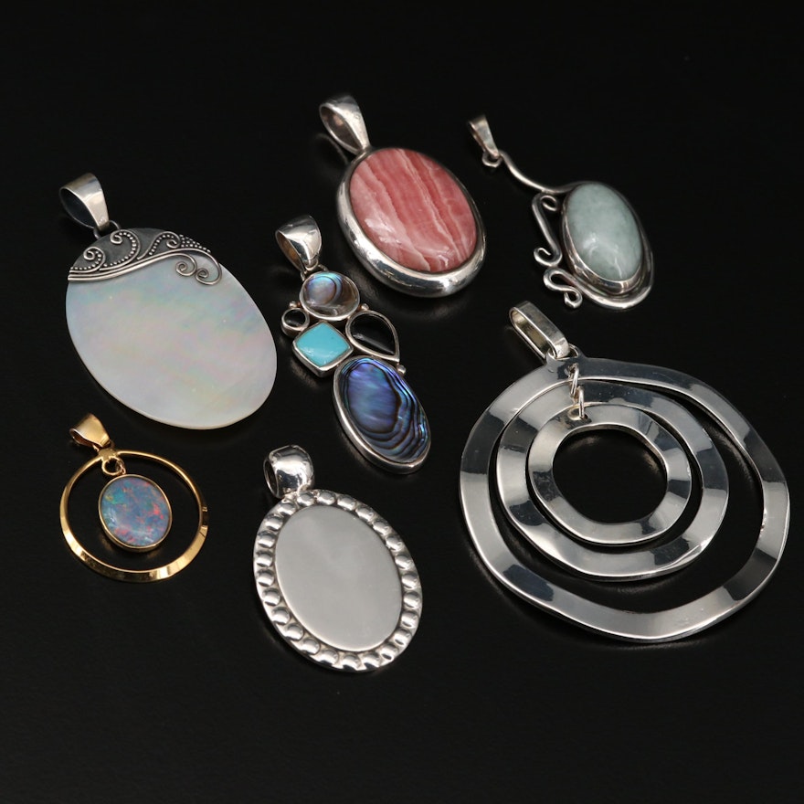 Collection of Sterling Silver Pendants with Rhodochrosite and Mother of Pearl